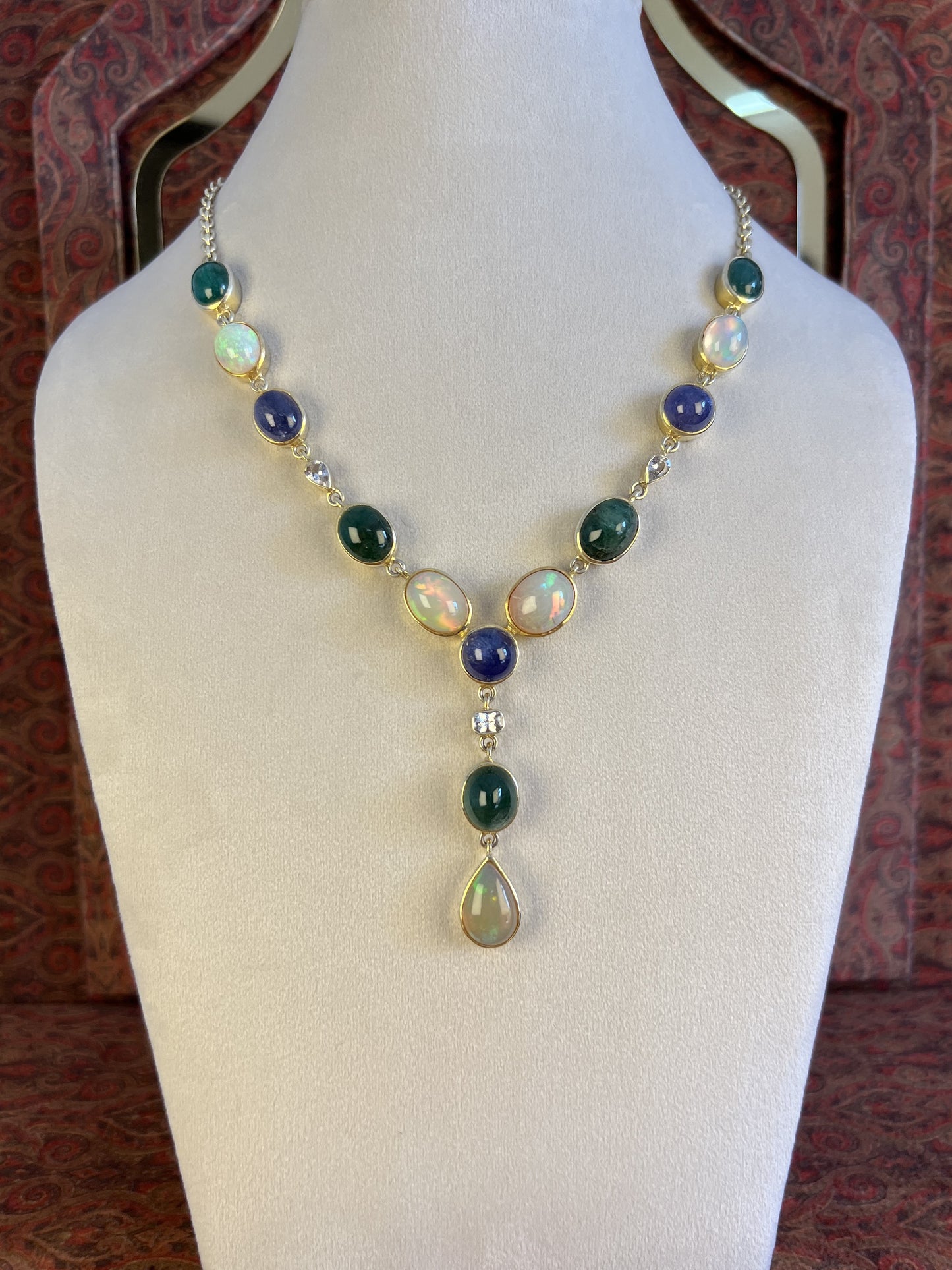 Womens Natural Opal, Emerald, Tanzanite and White Sapphire Gold Plated 925 Sterling Silver Lariat Necklace