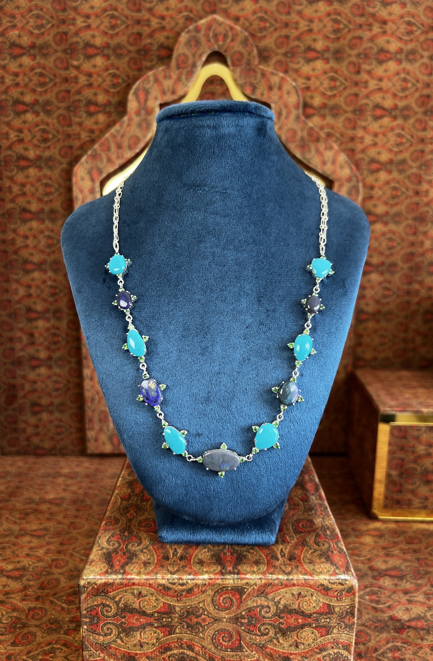 Womens Necklace with Australian Black Opals, American Sleeping Beauty Turquoise and Kenyan Green Garnets on a 925 Sterling Silver Chain