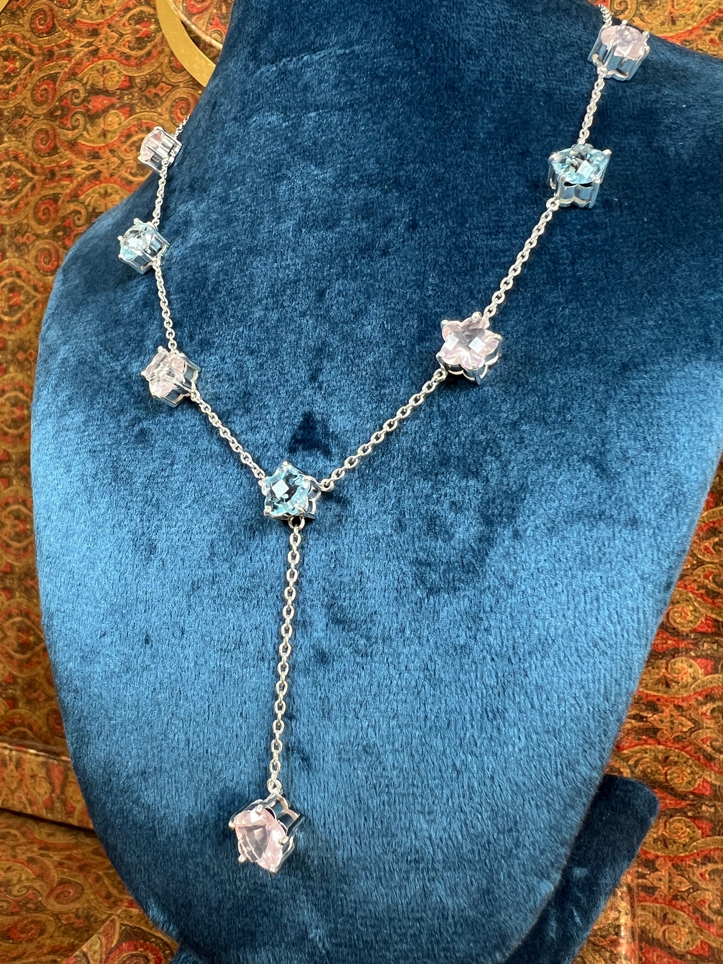 Womens Blue Topaz and Pink Rose Quartz Star Shaped Lariat Necklace on 925 Sterling Silver Cable Chain