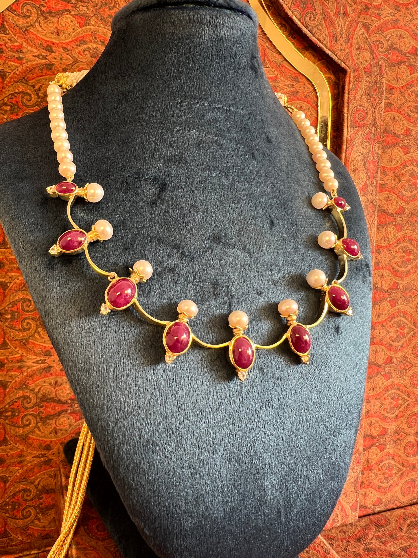 Womens Pearl and Red Ruby Necklace with White Sapphire Gemstone Accents Gold Colored Adjustable Rope with Lavish Tassel