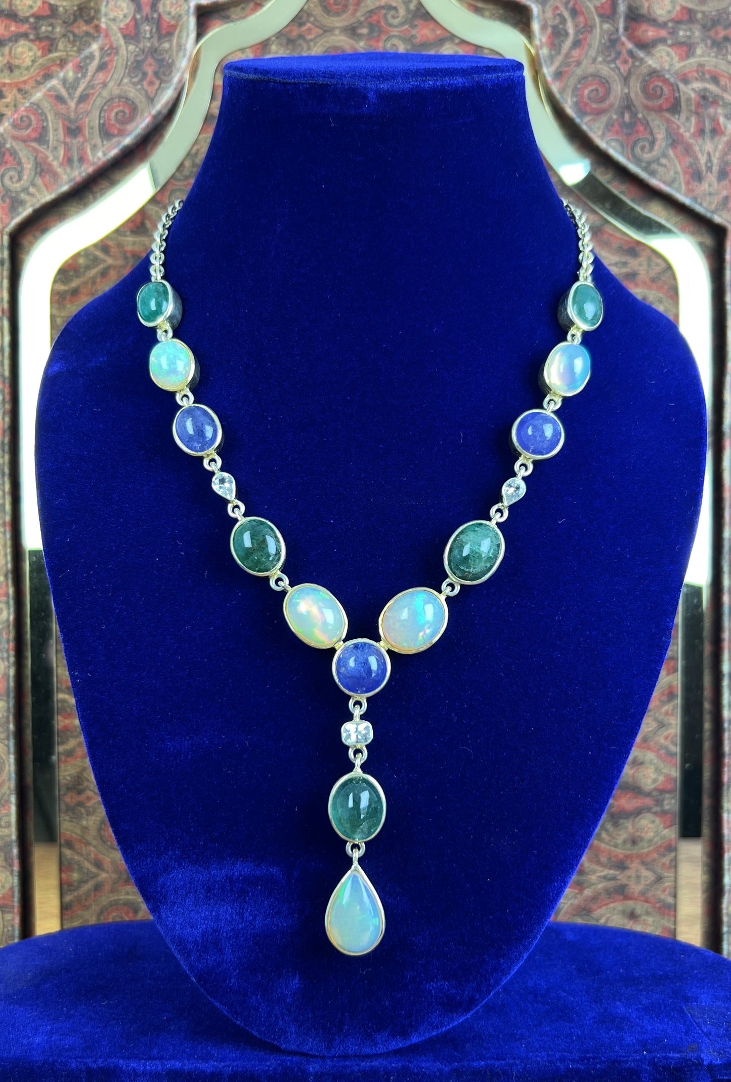 Womens Natural Opal, Emerald, Tanzanite and White Sapphire Gold Plated 925 Sterling Silver Lariat Necklace