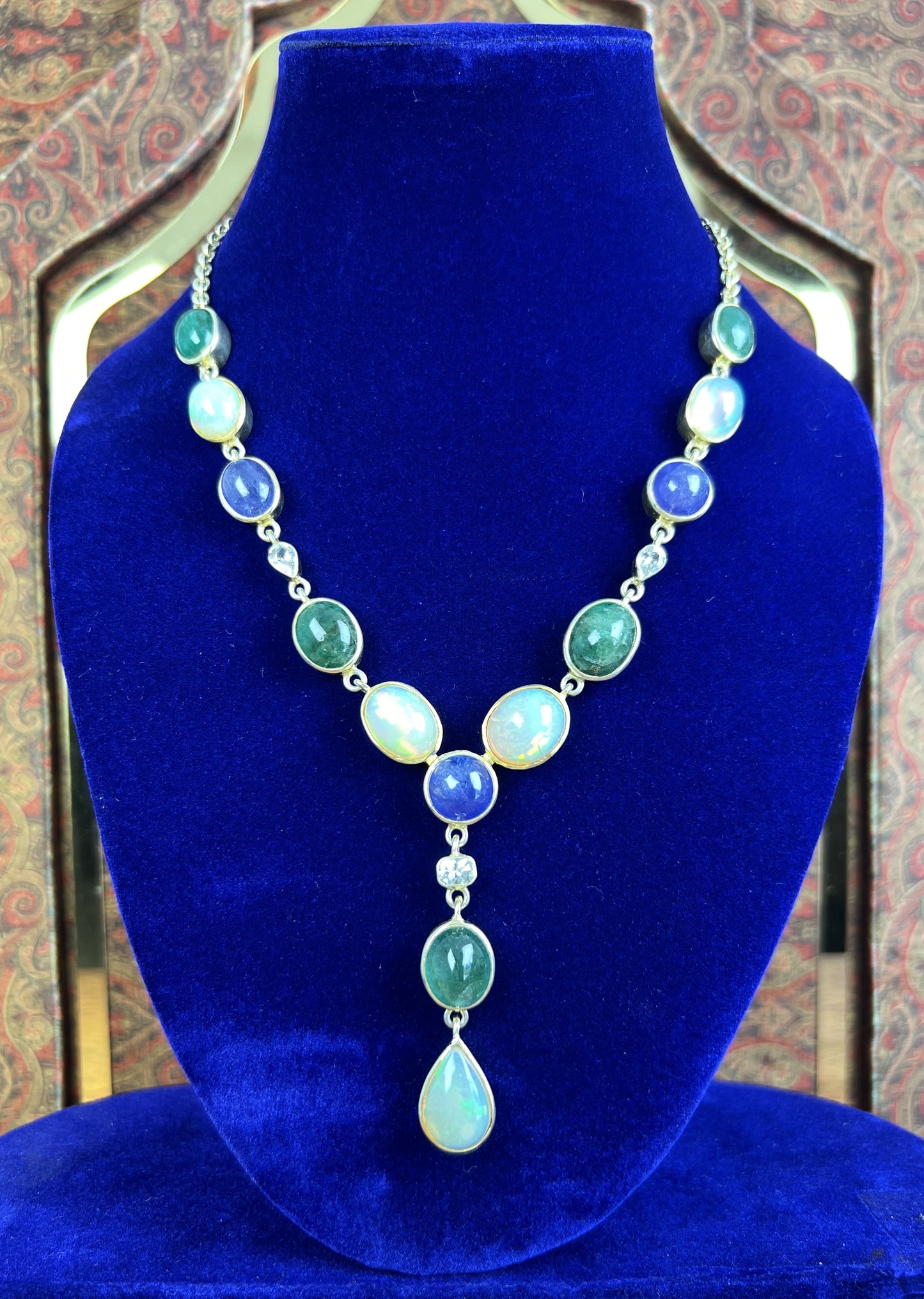 Womens Natural Opal, Emerald, Tanzanite and White Sapphire Gold Plated 925 Sterling Silver Lariat Necklace