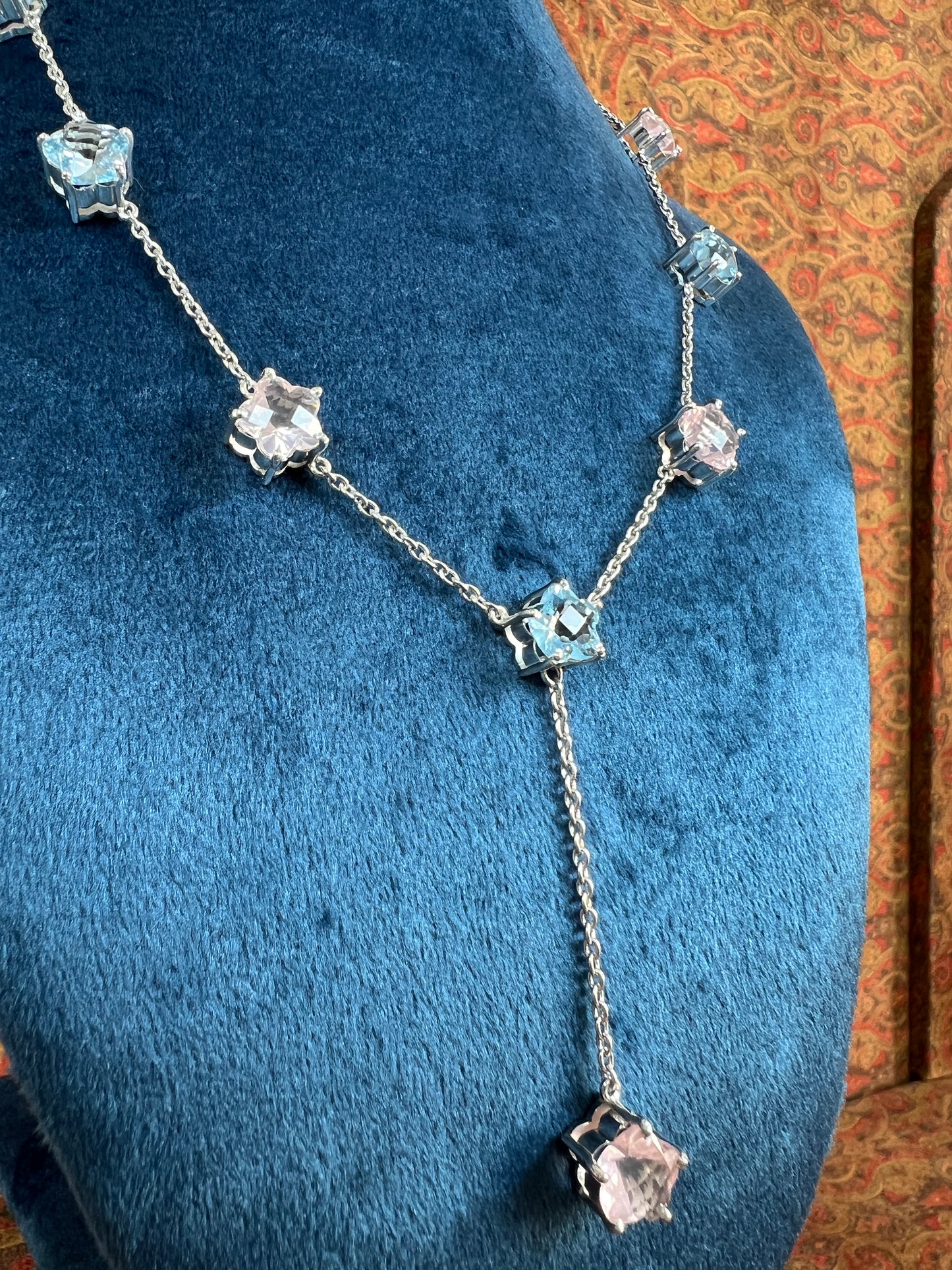 Womens Blue Topaz and Pink Rose Quartz Star Shaped Lariat Necklace on 925 Sterling Silver Cable Chain