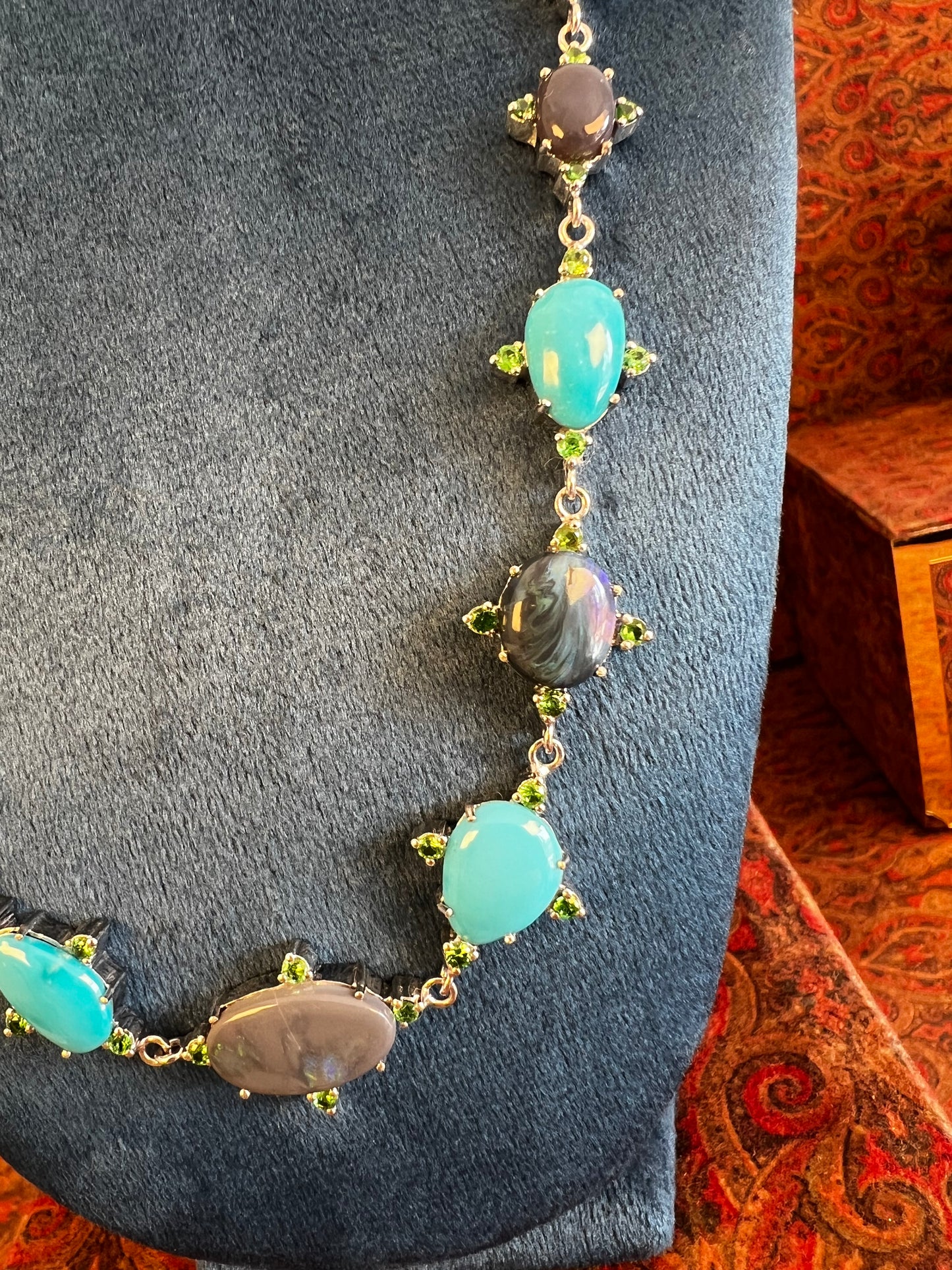 Womens Necklace with Australian Black Opals, American Sleeping Beauty Turquoise and Kenyan Green Garnets on a 925 Sterling Silver Chain