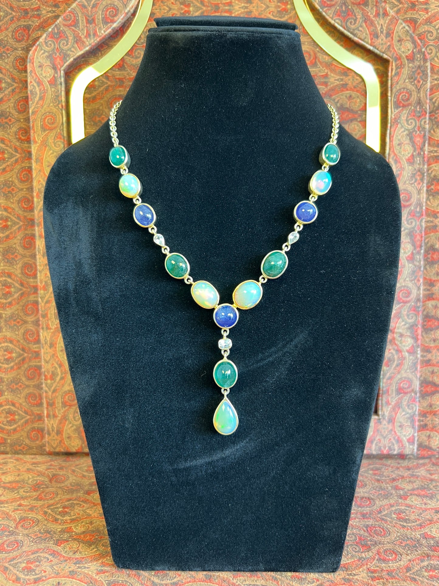 Womens Natural Opal, Emerald, Tanzanite and White Sapphire Gold Plated 925 Sterling Silver Lariat Necklace