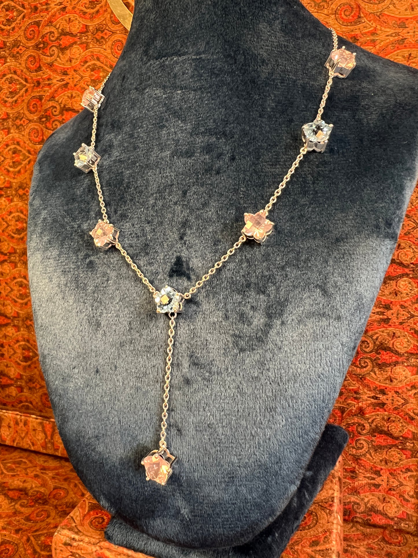 Womens Blue Topaz and Pink Rose Quartz Star Shaped Lariat Necklace on 925 Sterling Silver Cable Chain