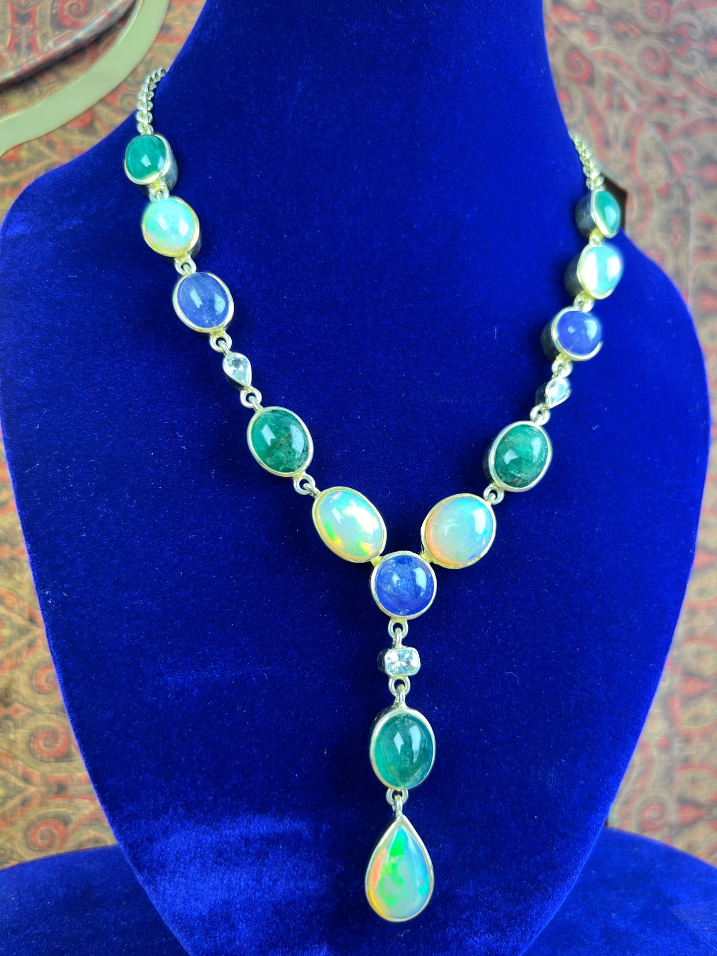 Womens Natural Opal, Emerald, Tanzanite and White Sapphire Gold Plated 925 Sterling Silver Lariat Necklace