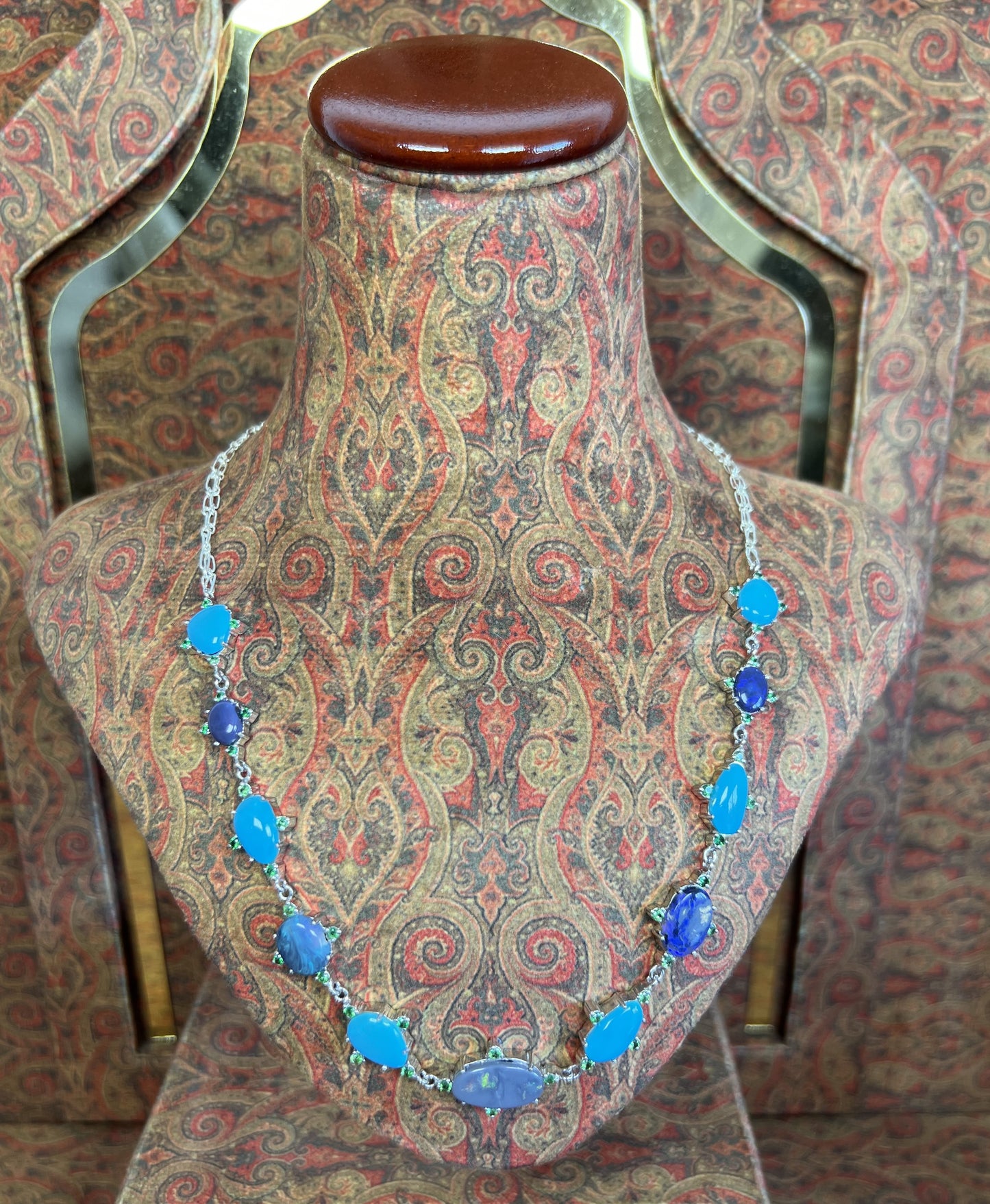 Womens Necklace with Australian Black Opals, American Sleeping Beauty Turquoise and Kenyan Green Garnets on a 925 Sterling Silver Chain