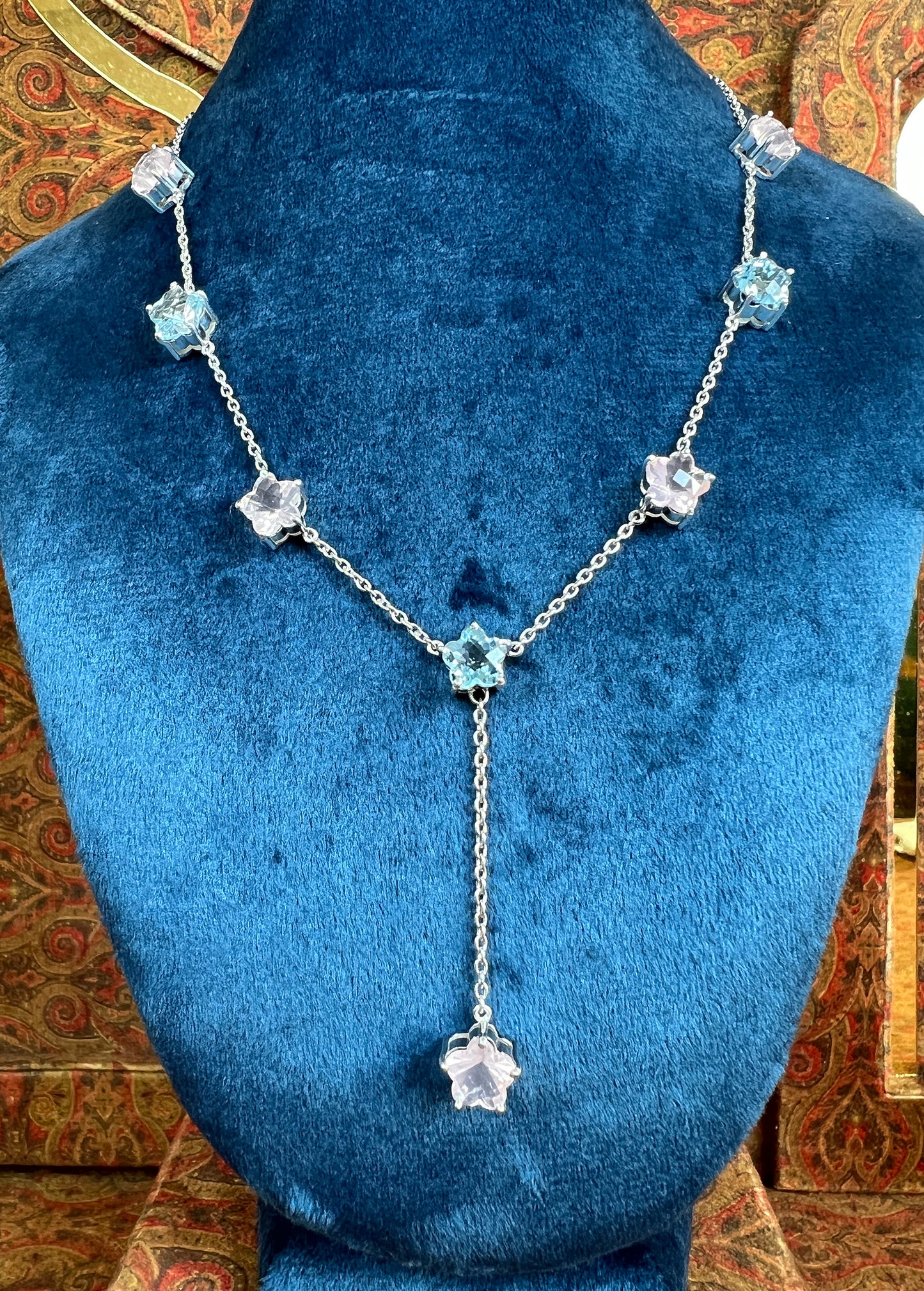 Womens Blue Topaz and Pink Rose Quartz Star Shaped Lariat Necklace on 925 Sterling Silver Cable Chain