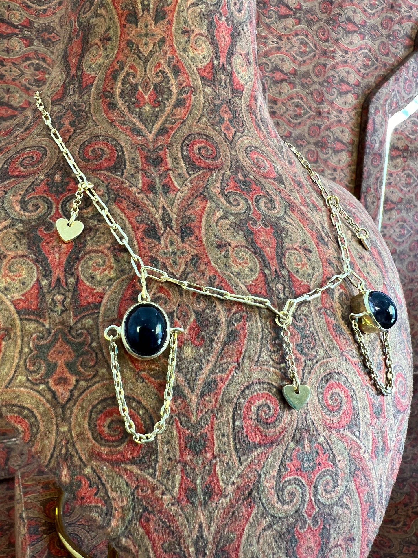 Womens Iolite Necklace Bezel Set in Gold Plated 925 Sterling Silver with Heart Charms