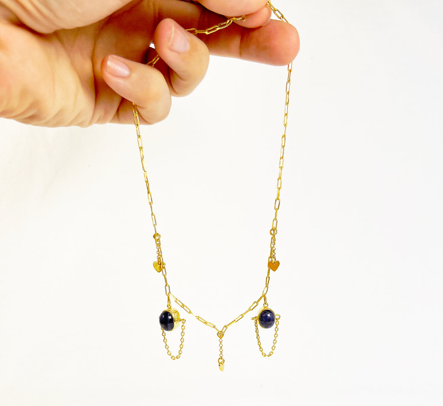 Womens Iolite Necklace Bezel Set in Gold Plated 925 Sterling Silver with Heart Charms