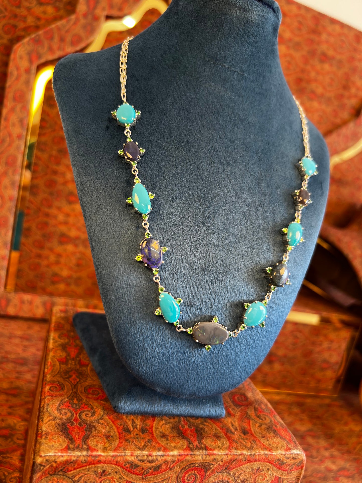 Womens Necklace with Australian Black Opals, American Sleeping Beauty Turquoise and Kenyan Green Garnets on a 925 Sterling Silver Chain