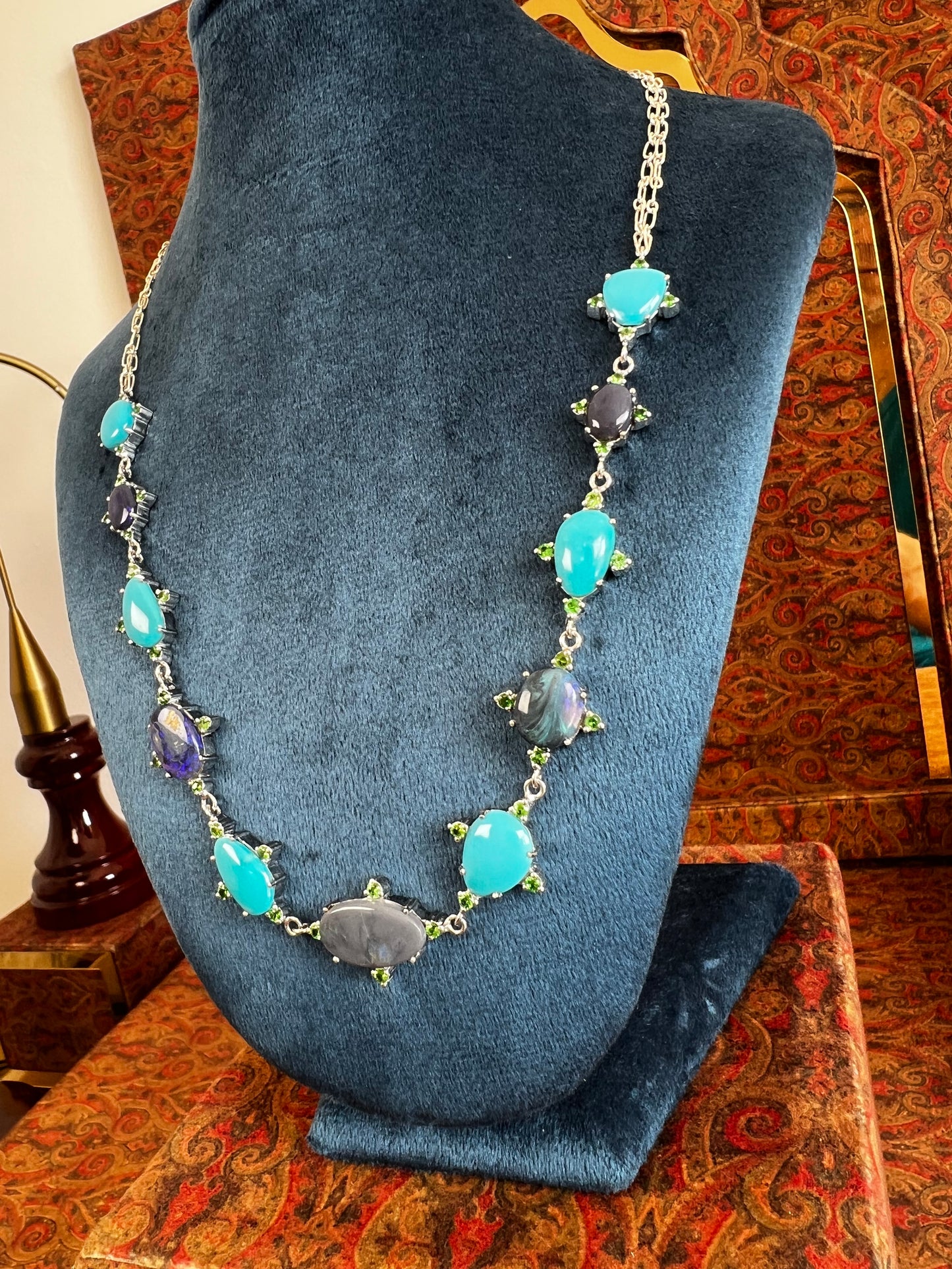 Womens Necklace with Australian Black Opals, American Sleeping Beauty Turquoise and Kenyan Green Garnets on a 925 Sterling Silver Chain