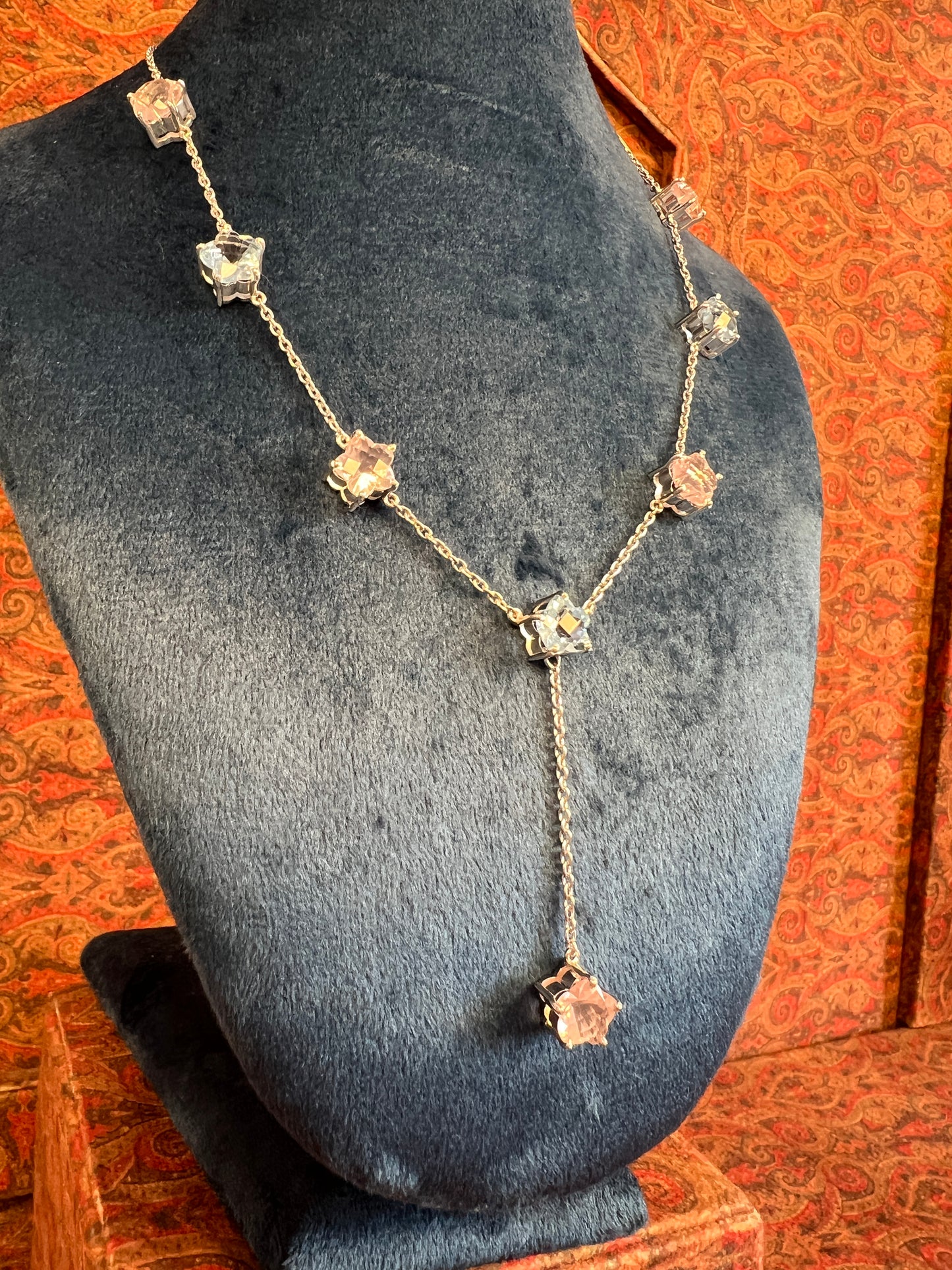 Womens Blue Topaz and Pink Rose Quartz Star Shaped Lariat Necklace on 925 Sterling Silver Cable Chain