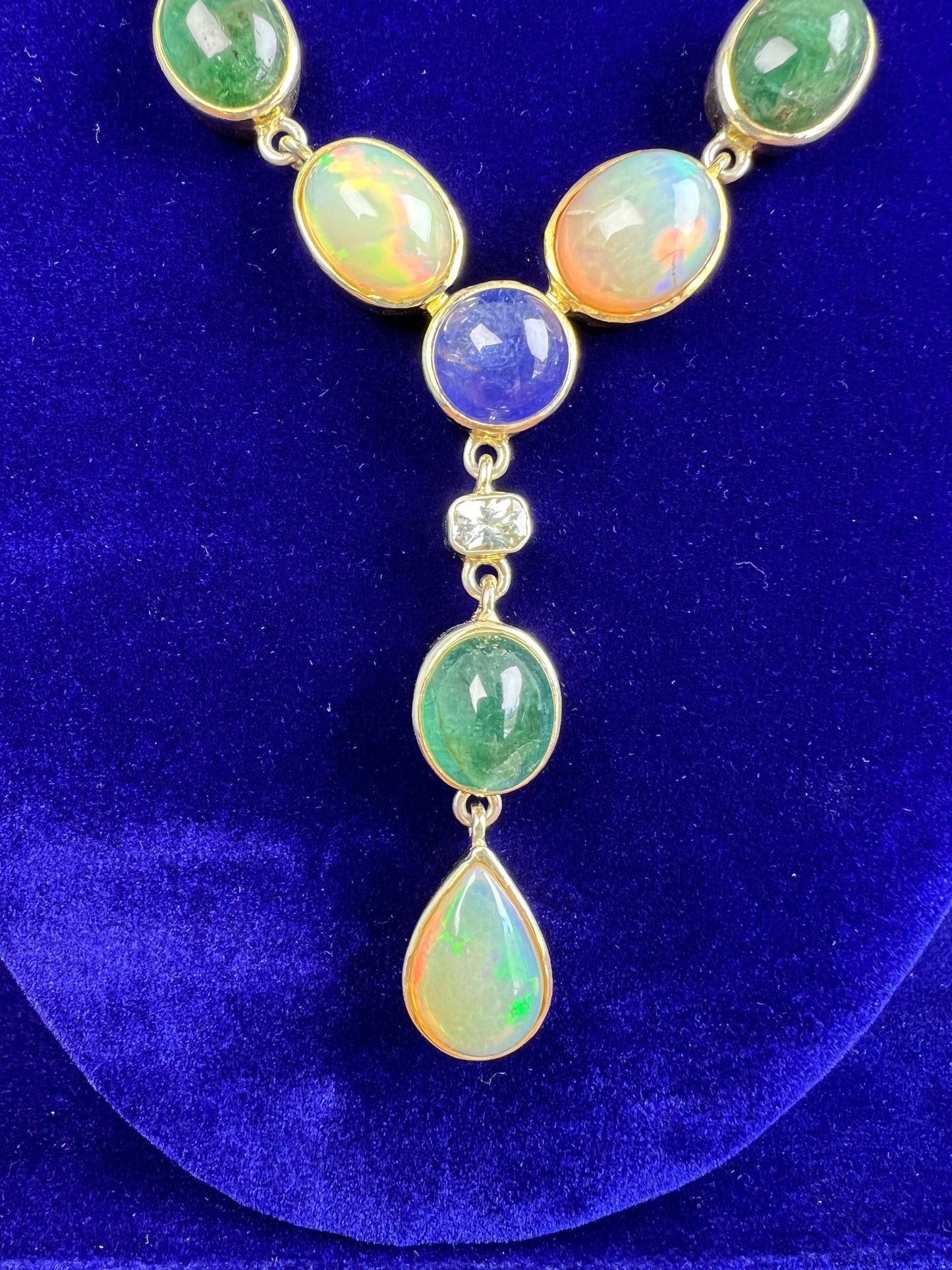 Womens Natural Opal, Emerald, Tanzanite and White Sapphire Gold Plated 925 Sterling Silver Lariat Necklace
