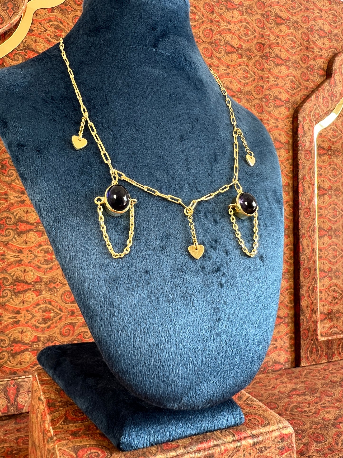 Womens Iolite Necklace Bezel Set in Gold Plated 925 Sterling Silver with Heart Charms
