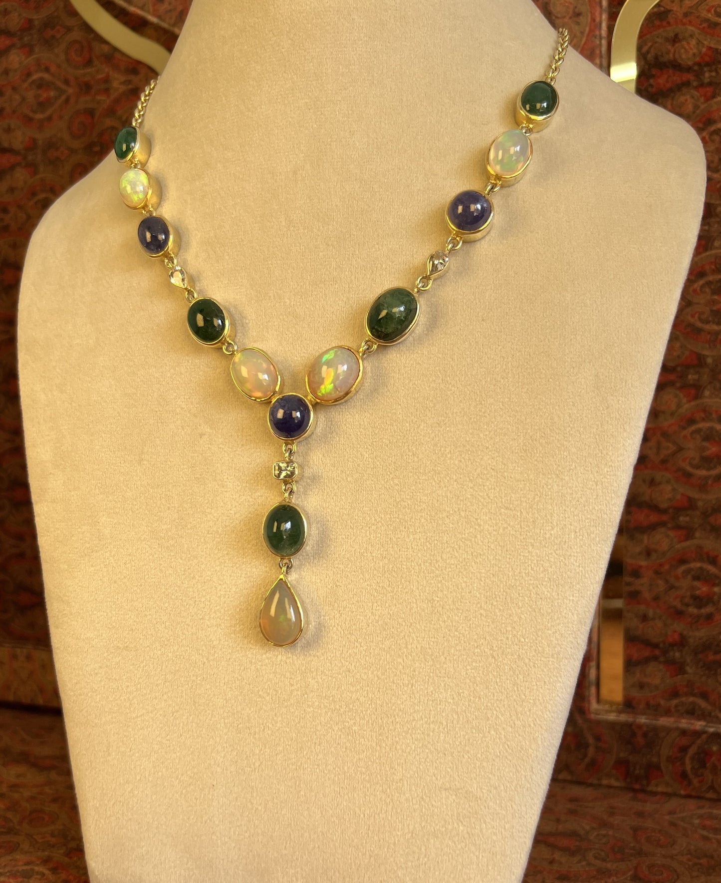 Womens Natural Opal, Emerald, Tanzanite and White Sapphire Gold Plated 925 Sterling Silver Lariat Necklace