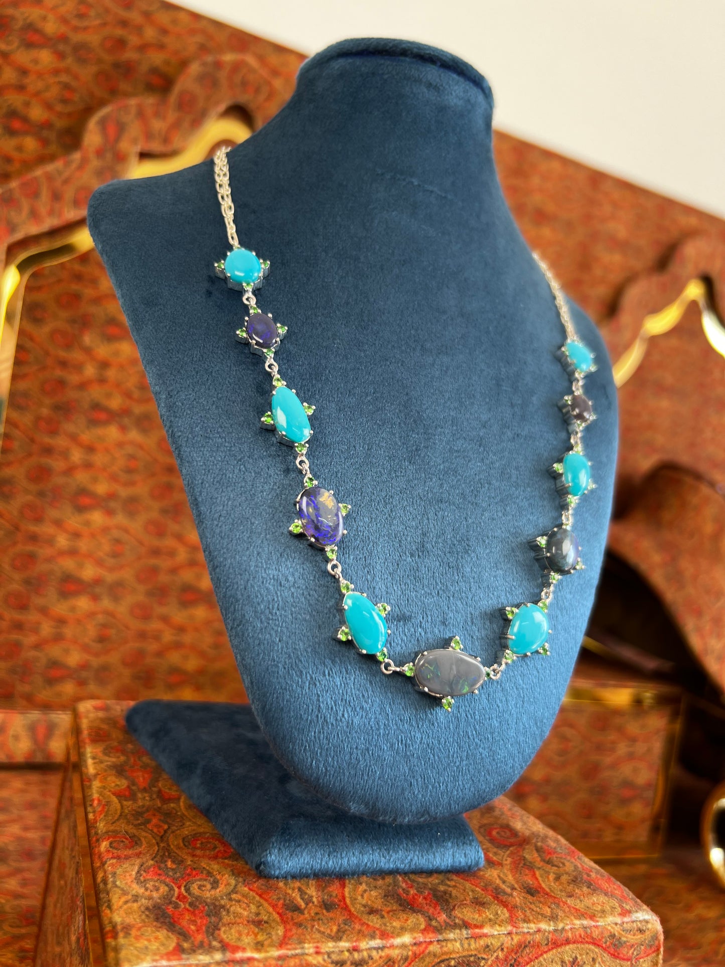 Womens Necklace with Australian Black Opals, American Sleeping Beauty Turquoise and Kenyan Green Garnets on a 925 Sterling Silver Chain