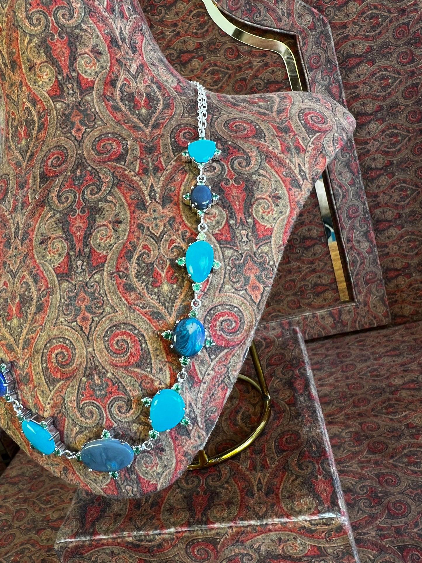 Womens Necklace with Australian Black Opals, American Sleeping Beauty Turquoise and Kenyan Green Garnets on a 925 Sterling Silver Chain