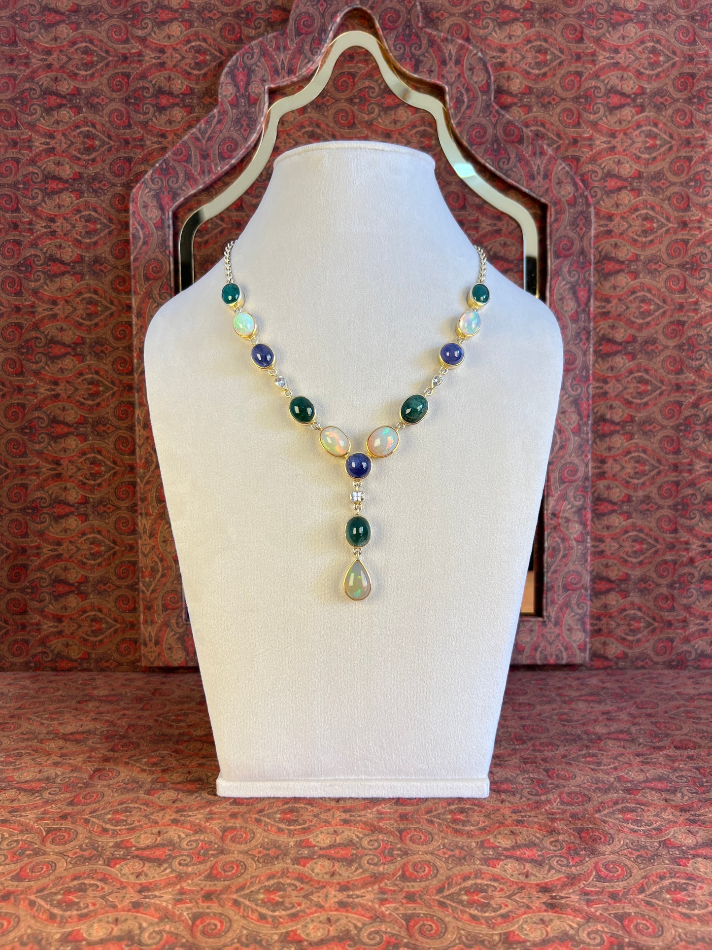 Womens Natural Opal, Emerald, Tanzanite and White Sapphire Gold Plated 925 Sterling Silver Lariat Necklace