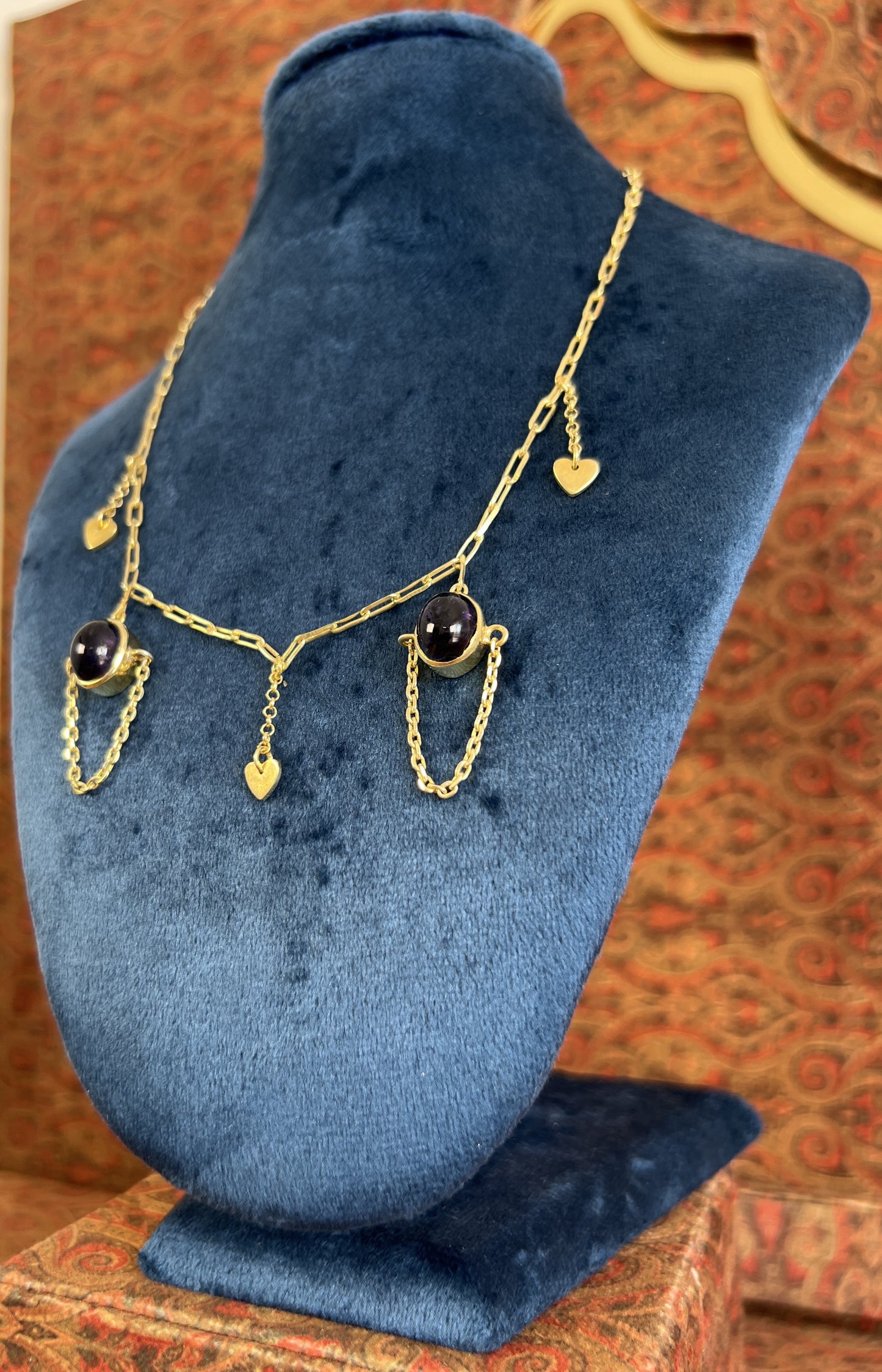Womens Iolite Necklace Bezel Set in Gold Plated 925 Sterling Silver with Heart Charms