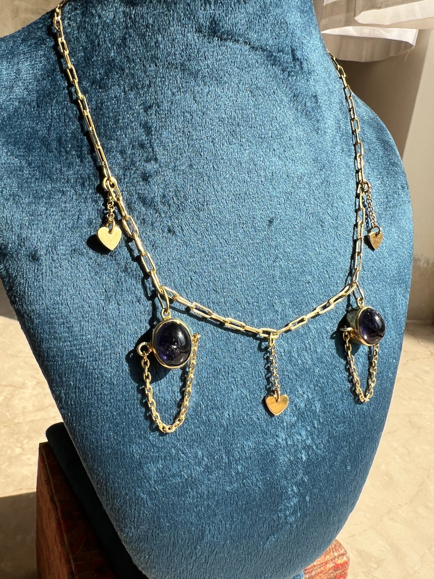 Womens Iolite Necklace Bezel Set in Gold Plated 925 Sterling Silver with Heart Charms