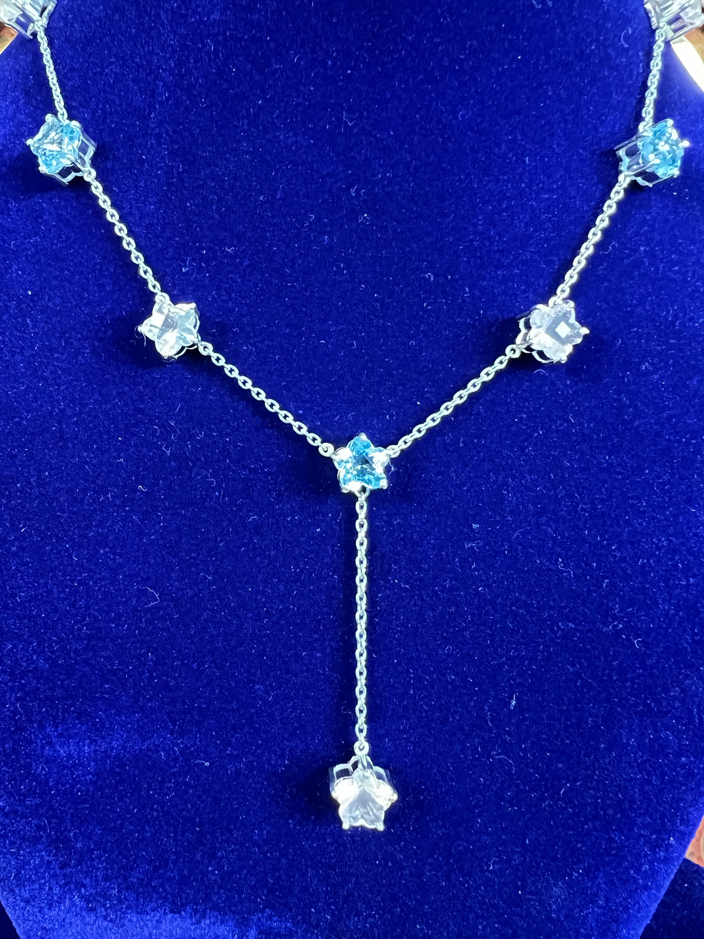 Womens Blue Topaz and Pink Rose Quartz Star Shaped Lariat Necklace on 925 Sterling Silver Cable Chain