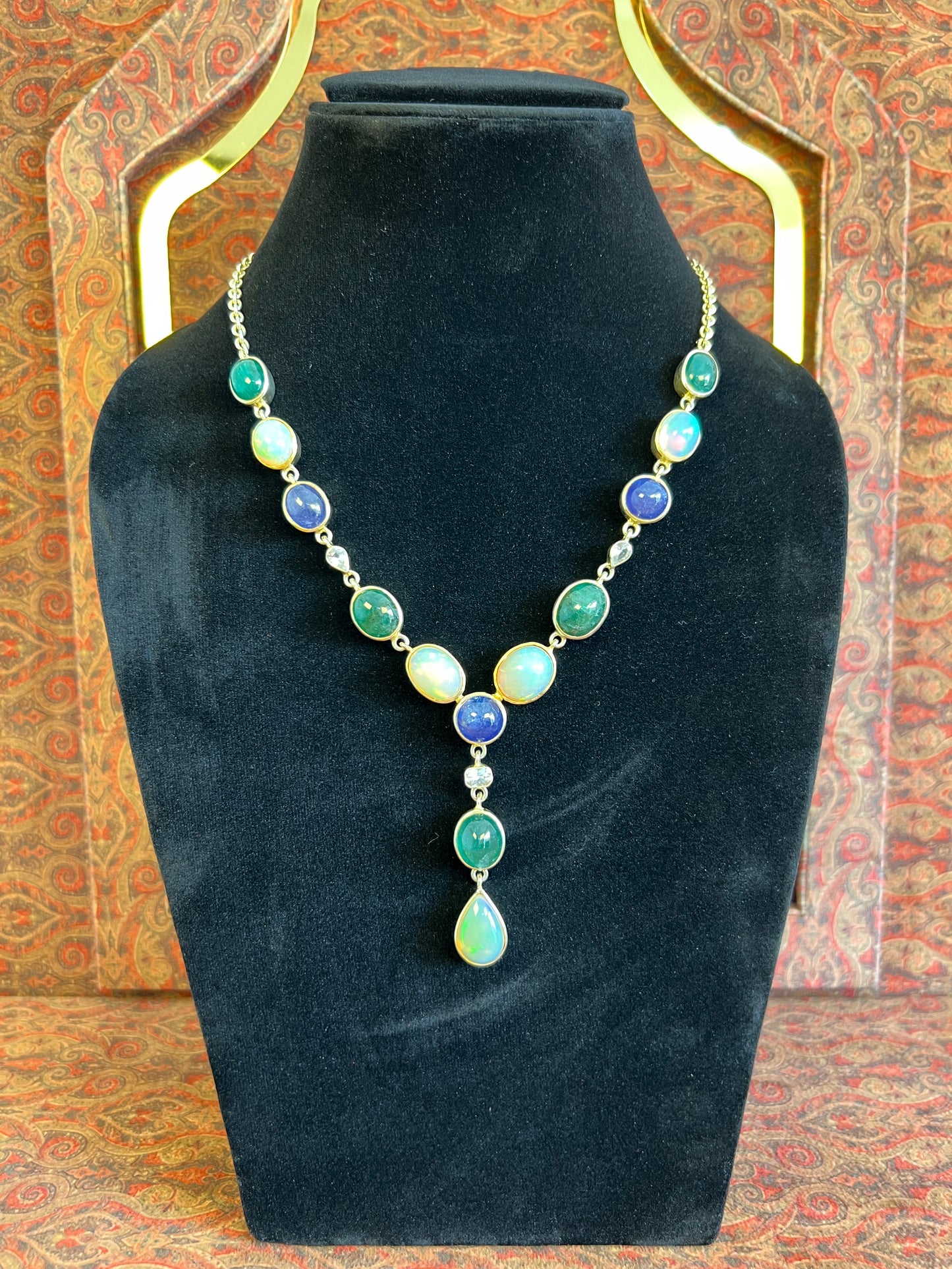 Womens Natural Opal, Emerald, Tanzanite and White Sapphire Gold Plated 925 Sterling Silver Lariat Necklace