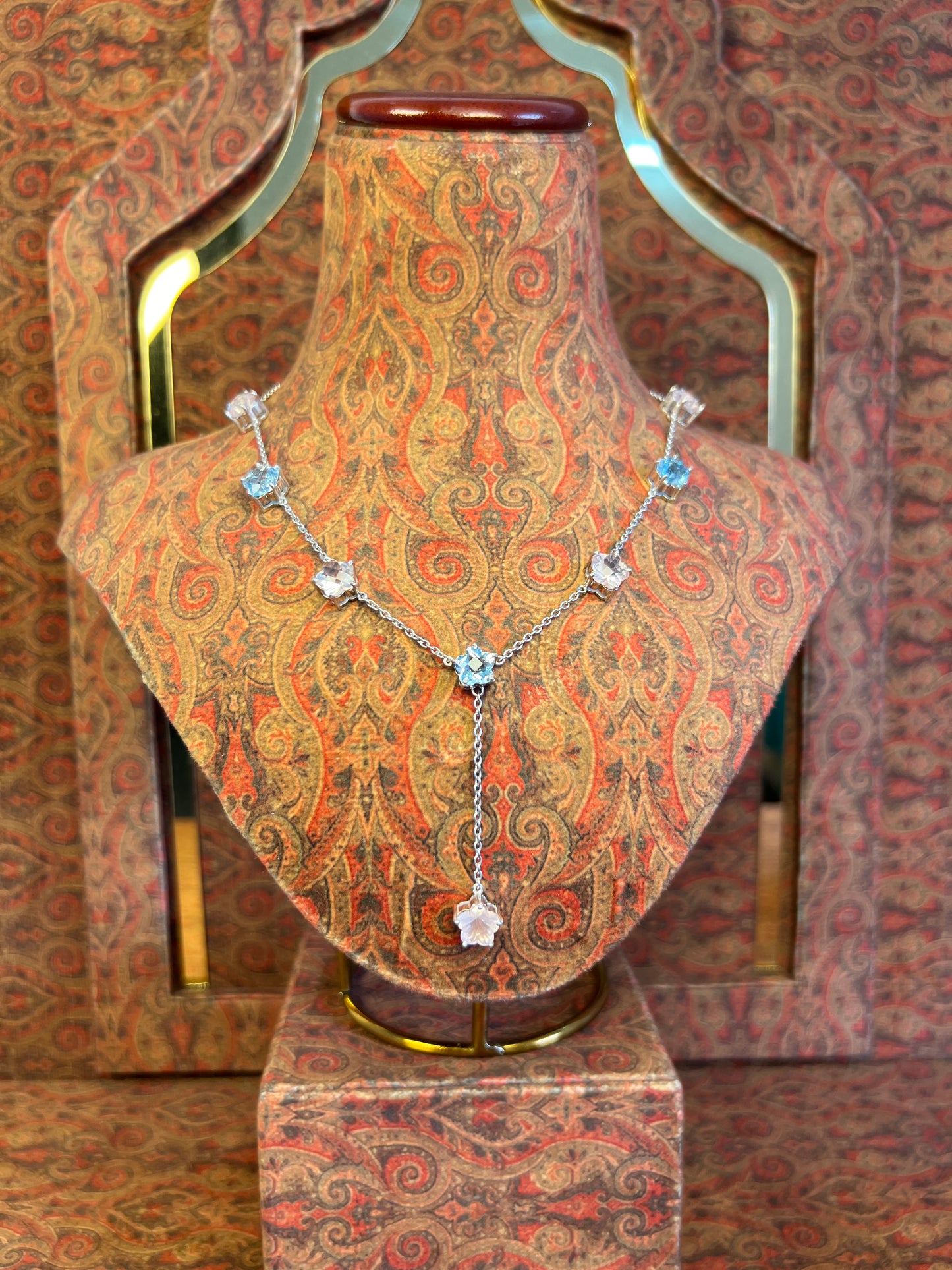 Womens Blue Topaz and Pink Rose Quartz Star Shaped Lariat Necklace on 925 Sterling Silver Cable Chain