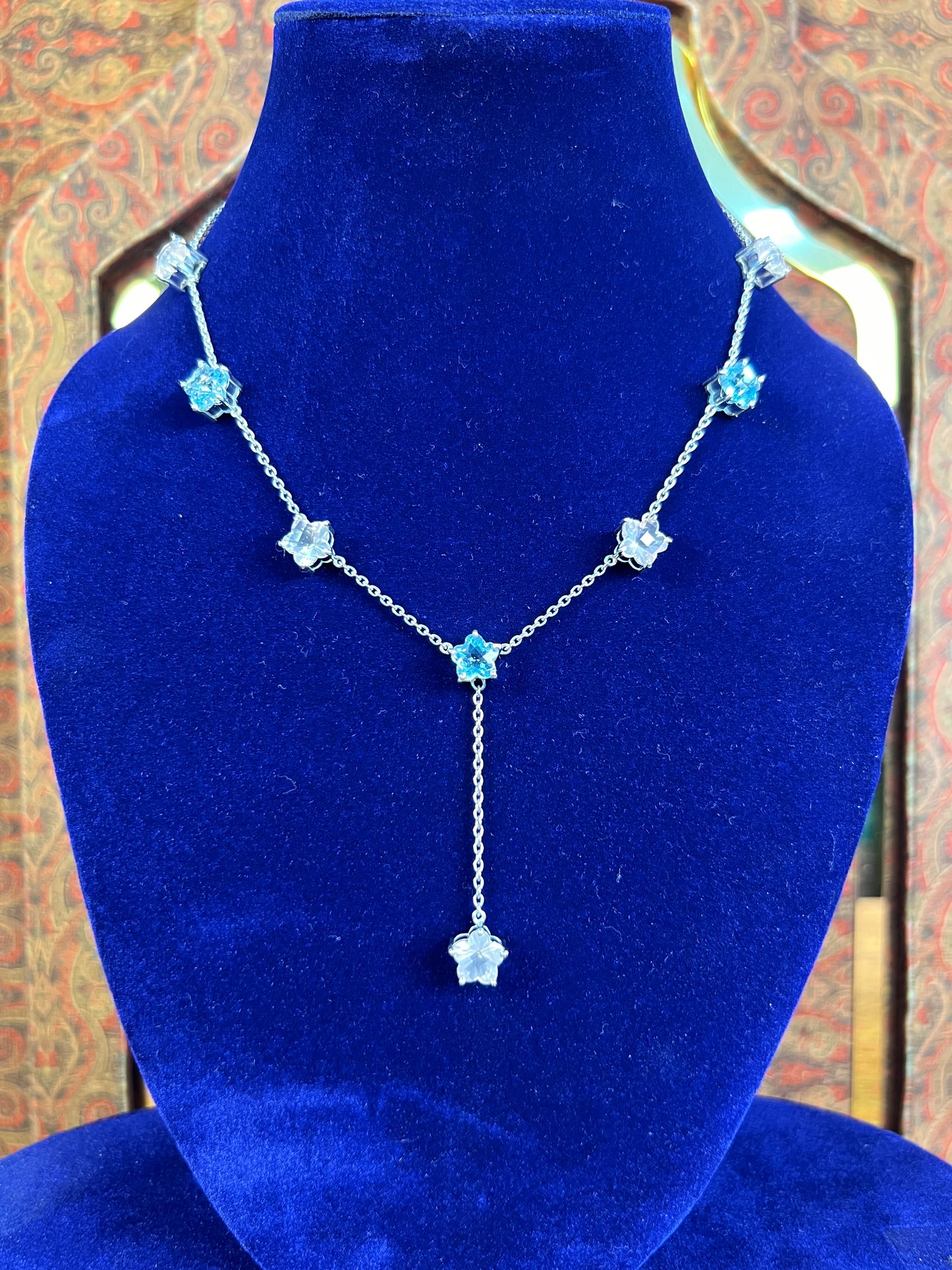 Womens Blue Topaz and Pink Rose Quartz Star Shaped Lariat Necklace on 925 Sterling Silver Cable Chain