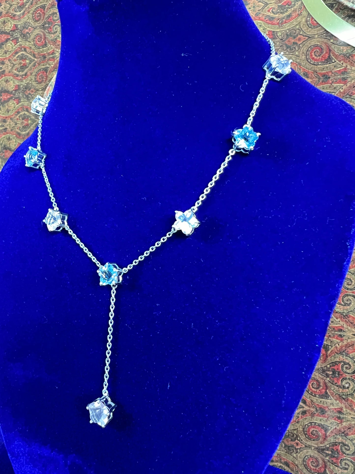 Womens Blue Topaz and Pink Rose Quartz Star Shaped Lariat Necklace on 925 Sterling Silver Cable Chain