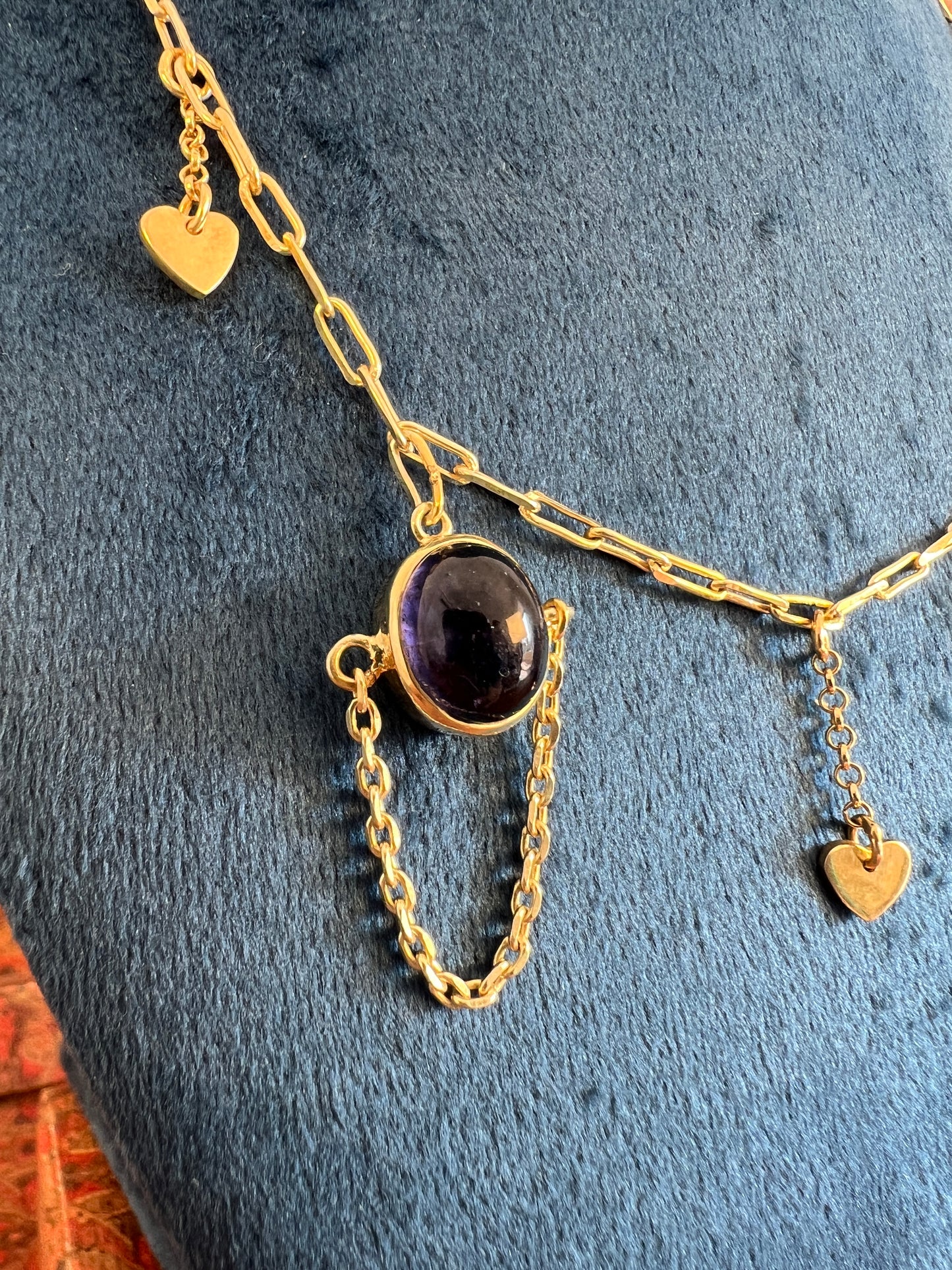 Womens Iolite Necklace Bezel Set in Gold Plated 925 Sterling Silver with Heart Charms