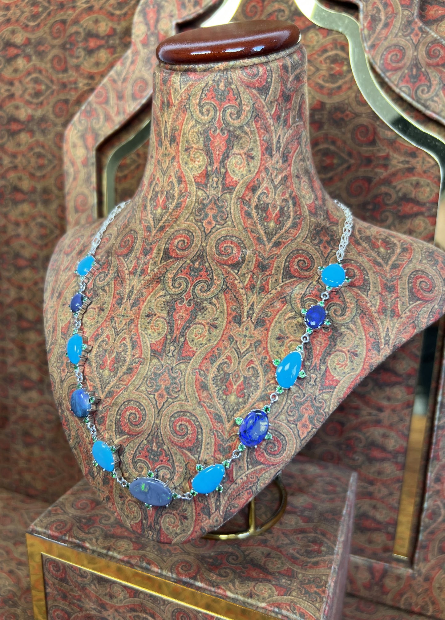 Womens Necklace with Australian Black Opals, American Sleeping Beauty Turquoise and Kenyan Green Garnets on a 925 Sterling Silver Chain