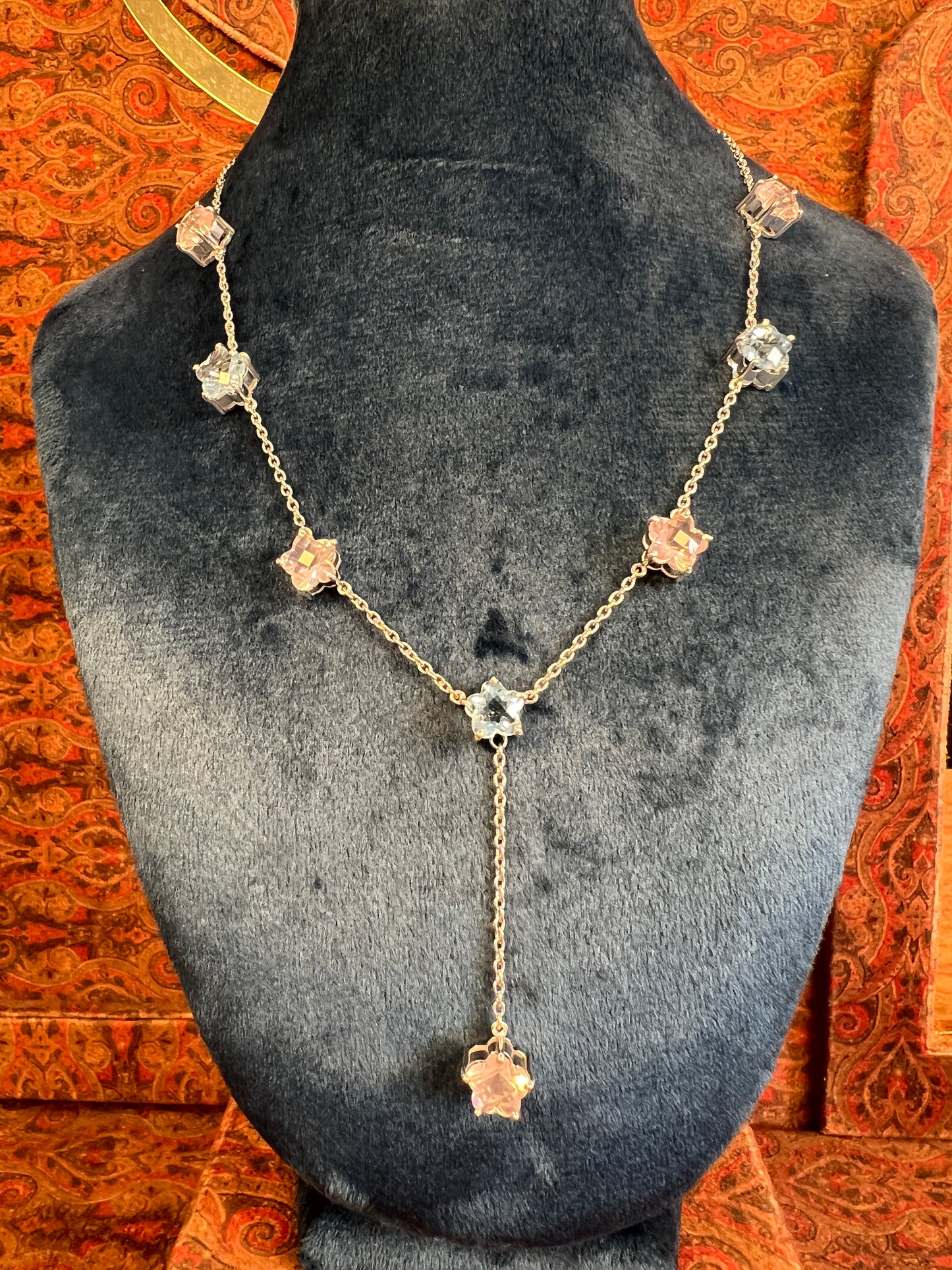Womens Blue Topaz and Pink Rose Quartz Star Shaped Lariat Necklace on 925 Sterling Silver Cable Chain
