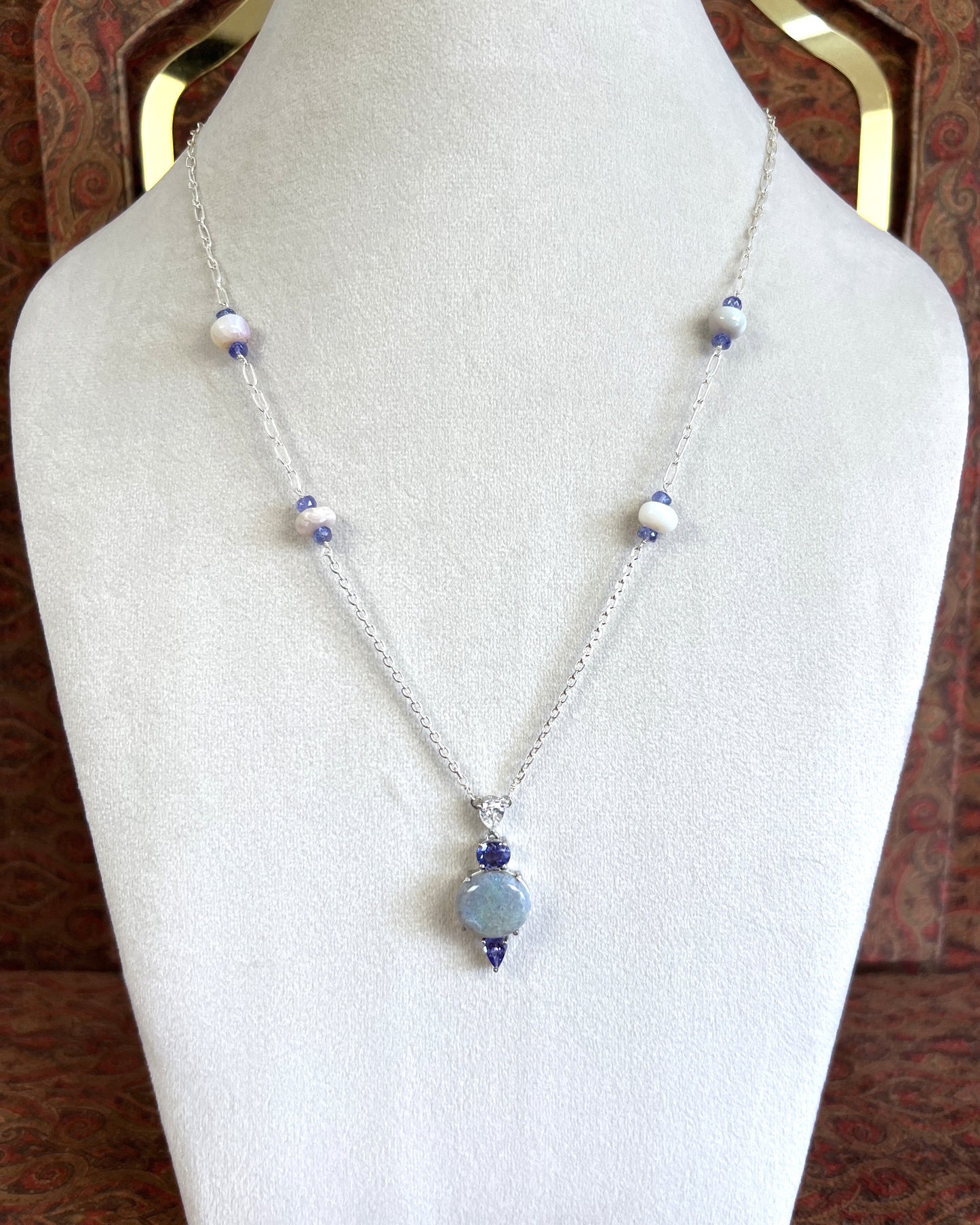 Women's Opal and White Sapphire Pendant Necklace on 925 Sterling Sliver with Purple Tanzinites