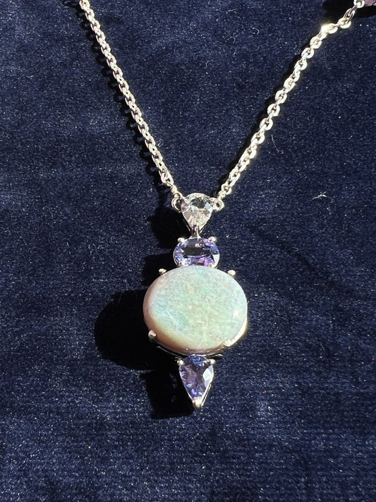 Women's Opal and White Sapphire Pendant Necklace on 925 Sterling Sliver with Purple Tanzinites