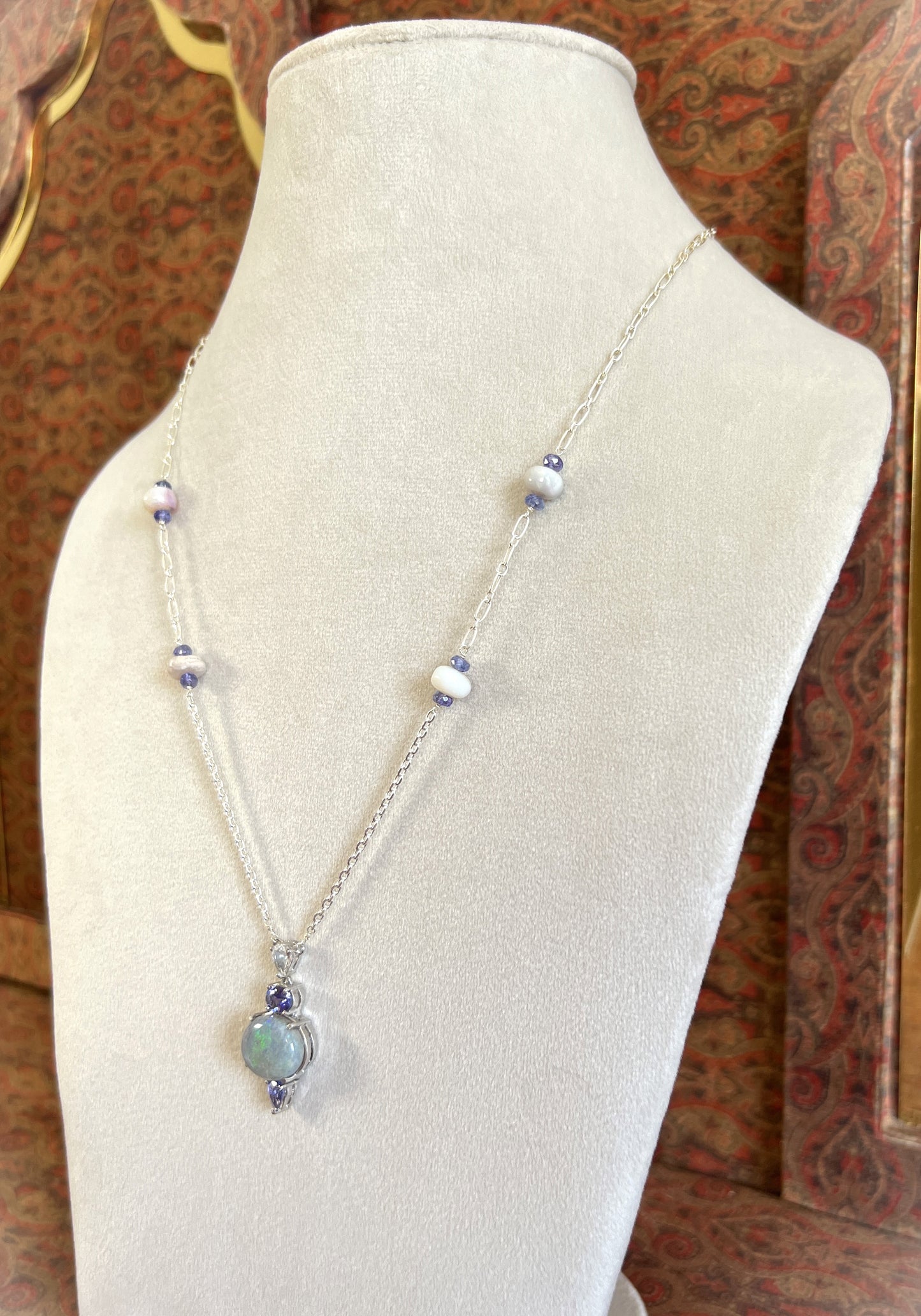 Women's Opal and White Sapphire Pendant Necklace on 925 Sterling Sliver with Purple Tanzinites