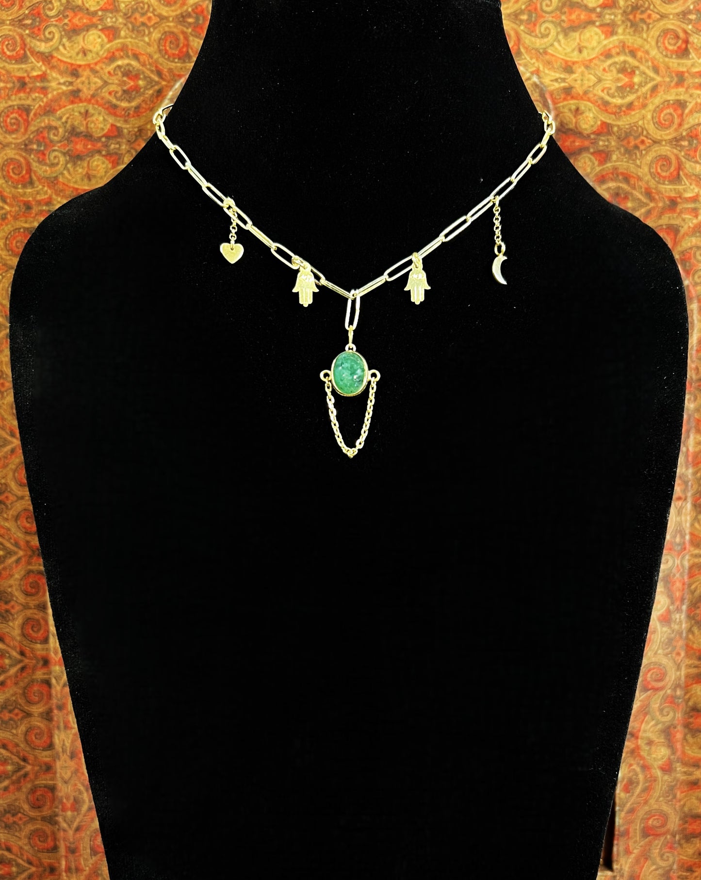 Womens Emerald Pendant Necklace on Gold Plated 925 Sterling Silver with Heart, Half Moon and Evil Eye Charms