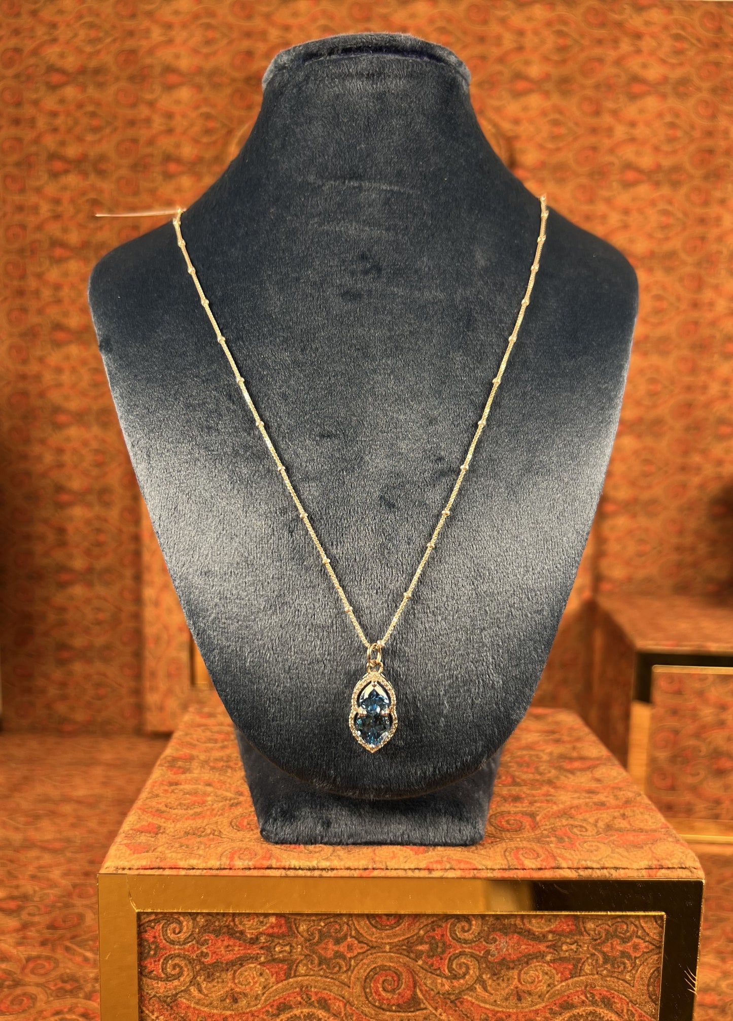 Womens Blue Topaz Heart Pendant 925 Sterling Silver Necklace on a Box Ball Silver Chain Basket Prong framed with Moissanites
