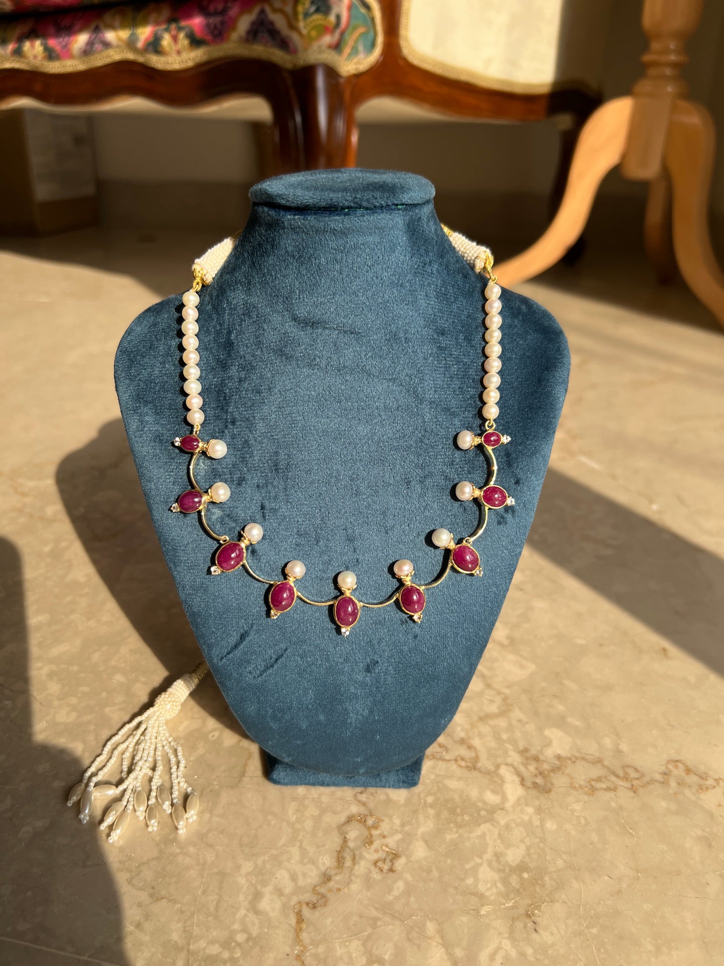 Womens Pearl and Red Ruby Necklace with White Sapphire Gemstone Accents Gold Colored Adjustable Rope with Lavish Tassel