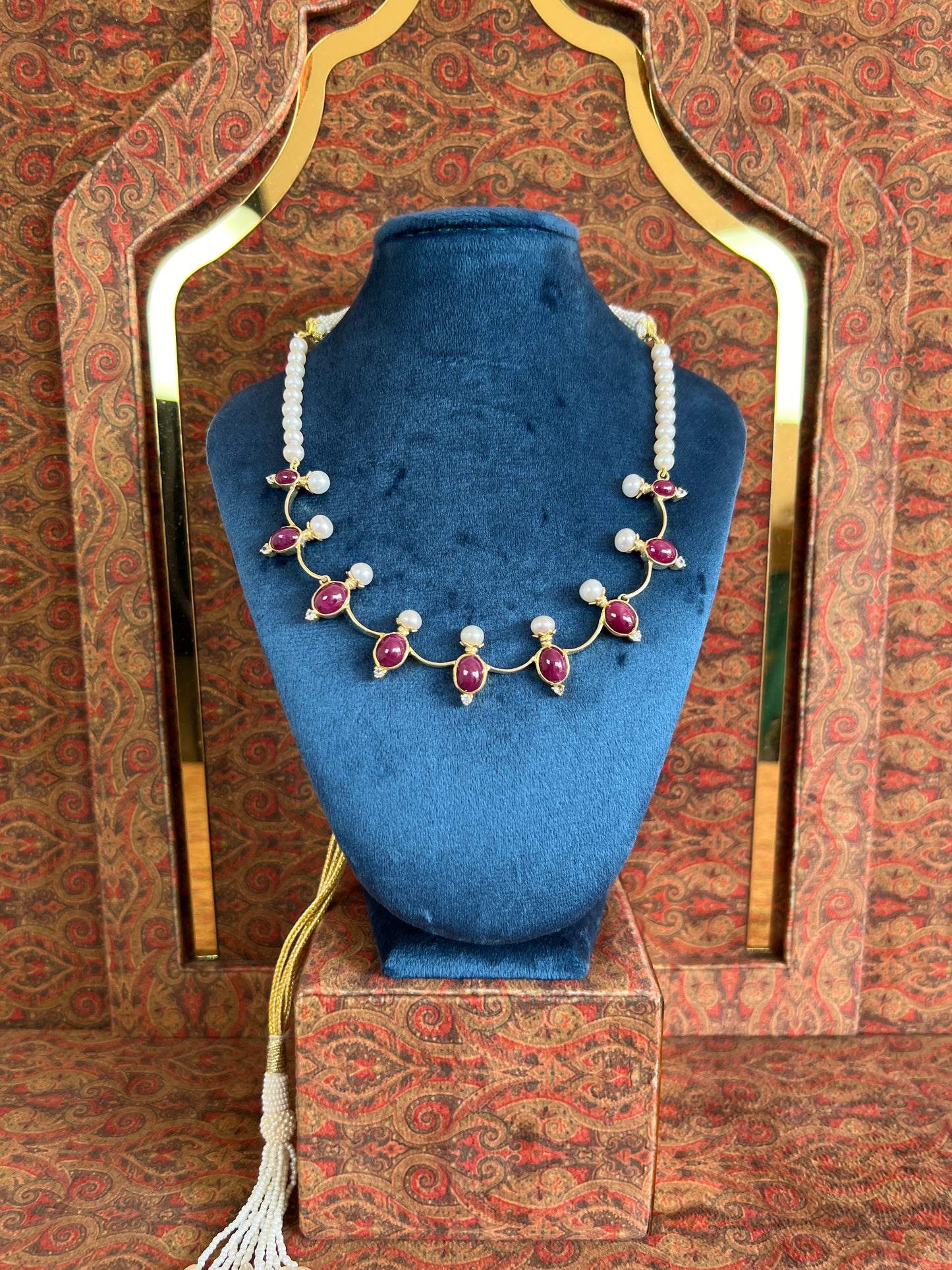 Womens Pearl and Red Ruby Necklace with White Sapphire Gemstone Accents Gold Colored Adjustable Rope with Lavish Tassel