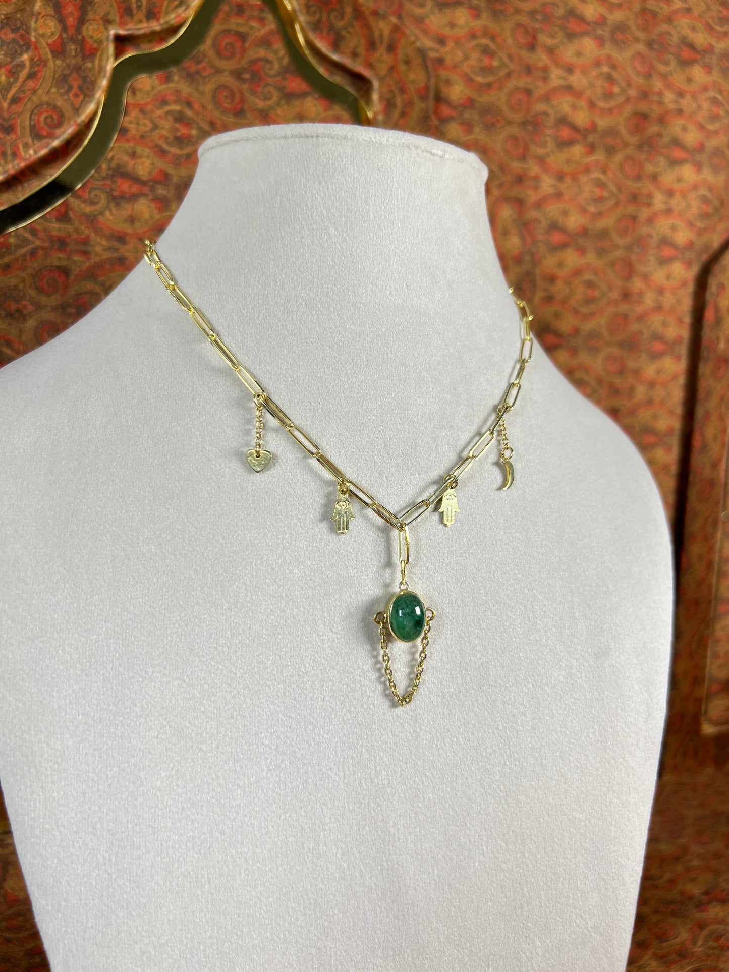 Womens Emerald Pendant Necklace on Gold Plated 925 Sterling Silver with Heart, Half Moon and Evil Eye Charms