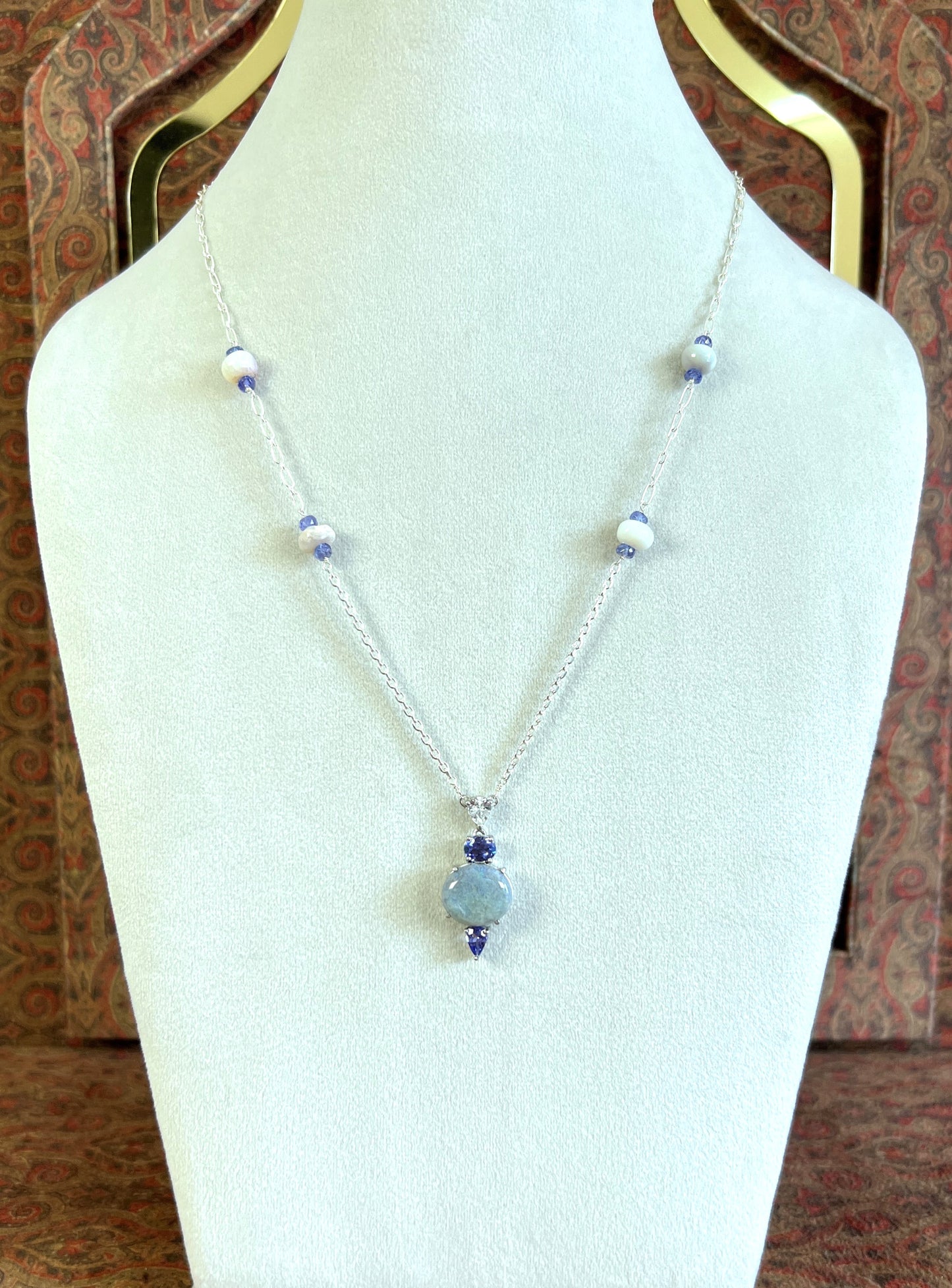 Women's Opal and White Sapphire Pendant Necklace on 925 Sterling Sliver with Purple Tanzinites