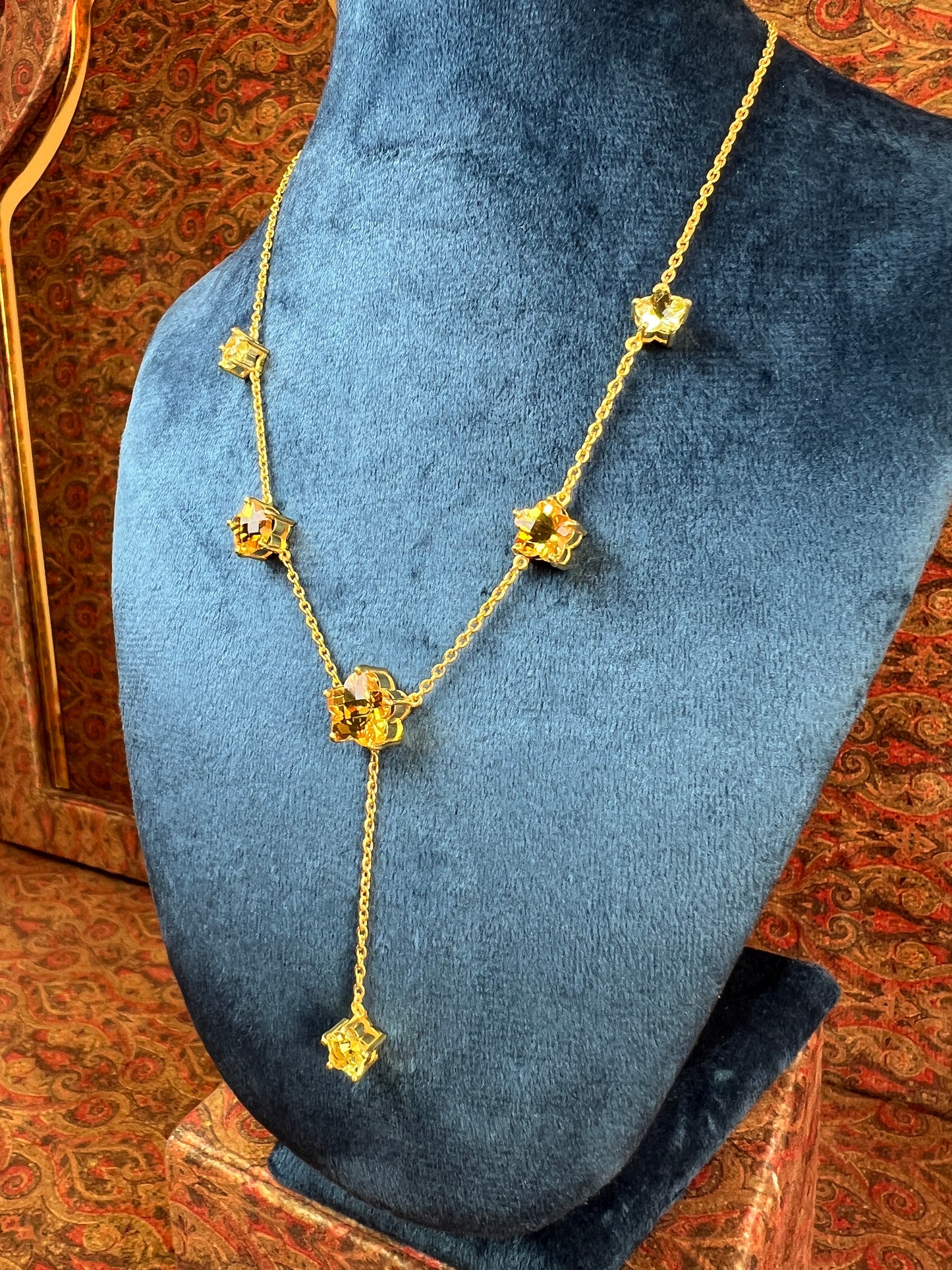 Womens Citrine Star Necklace Gold-Plated 925 Sterling Silver 6 Star Shaped Basket-Prong Settings with hanging Lemon Quartz Star