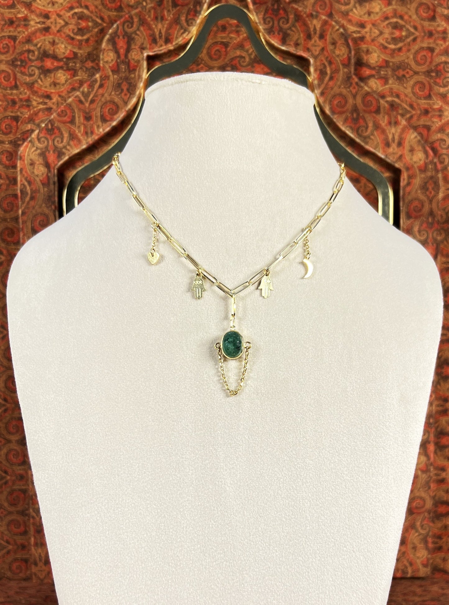 Womens Emerald Pendant Necklace on Gold Plated 925 Sterling Silver with Heart, Half Moon and Evil Eye Charms
