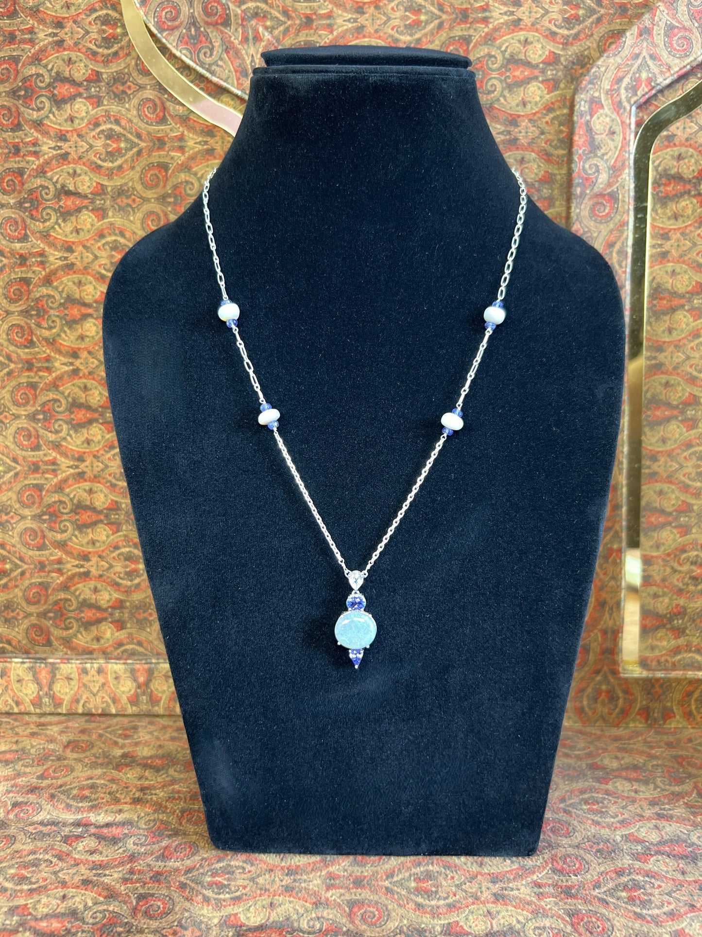 Women's Opal and White Sapphire Pendant Necklace on 925 Sterling Sliver with Purple Tanzinites
