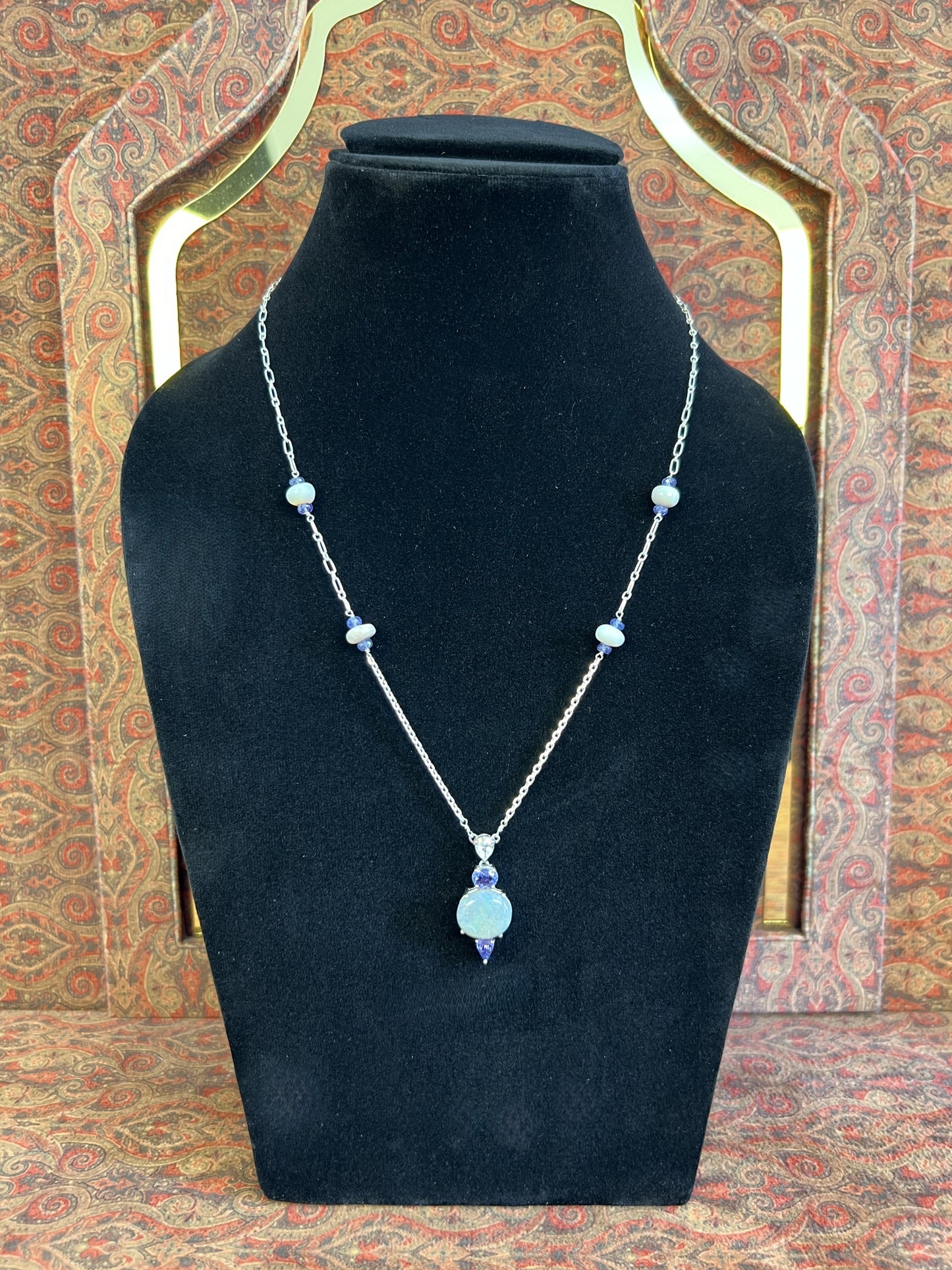 Women's Opal and White Sapphire Pendant Necklace on 925 Sterling Sliver with Purple Tanzinites