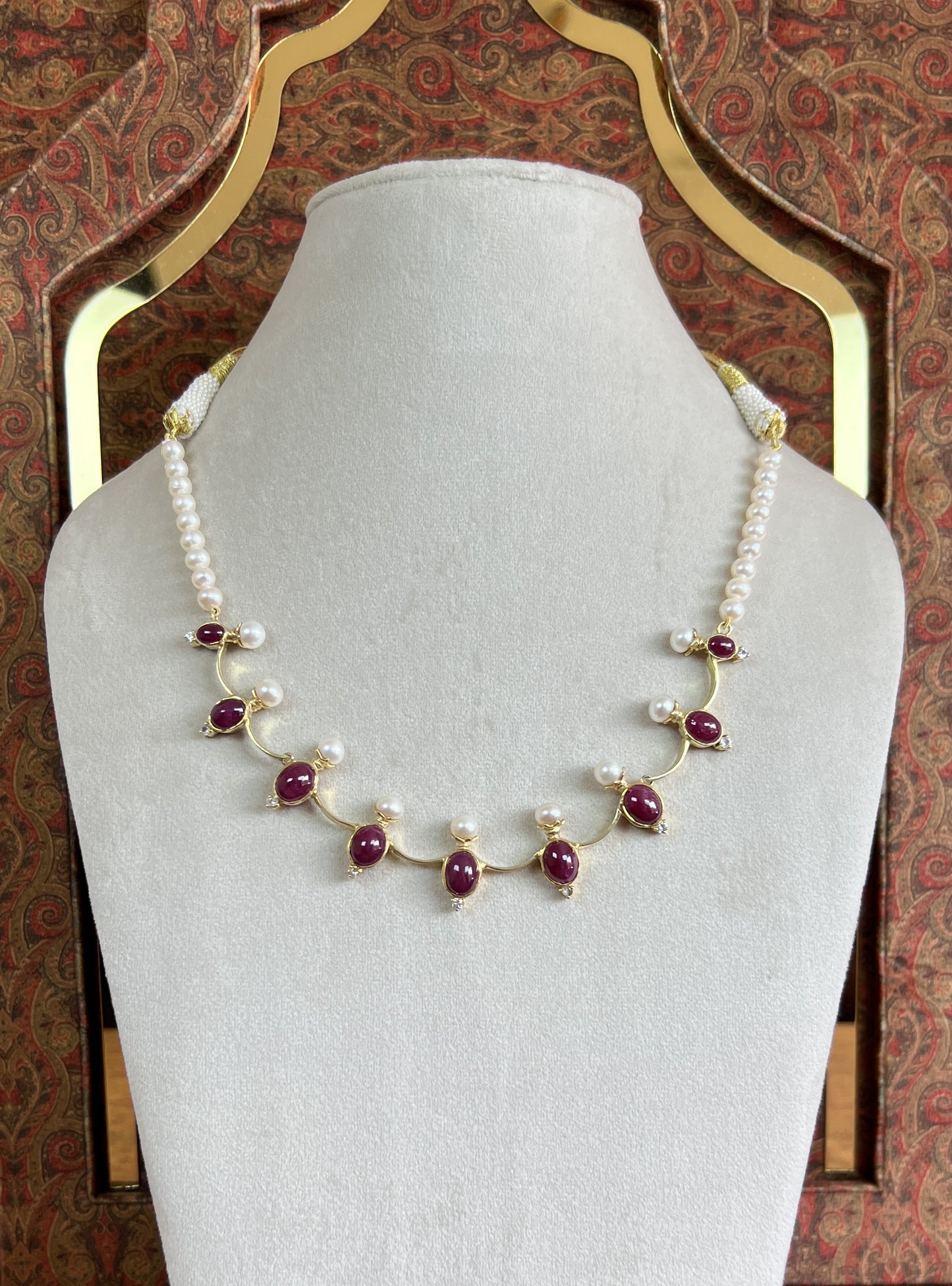 Womens Pearl and Red Ruby Necklace with White Sapphire Gemstone Accents Gold Colored Adjustable Rope with Lavish Tassel