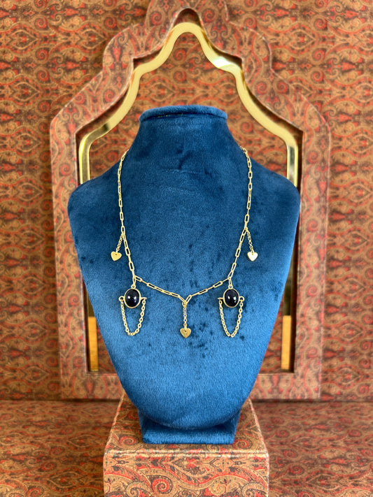 Womens Iolite Necklace Bezel Set in Gold Plated 925 Sterling Silver with Heart Charms