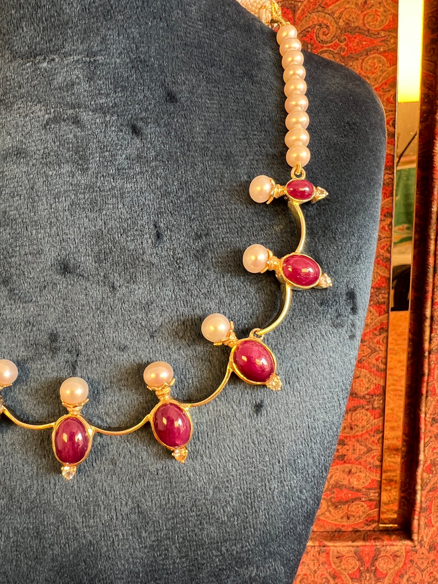 Womens Pearl and Red Ruby Necklace with White Sapphire Gemstone Accents Gold Colored Adjustable Rope with Lavish Tassel